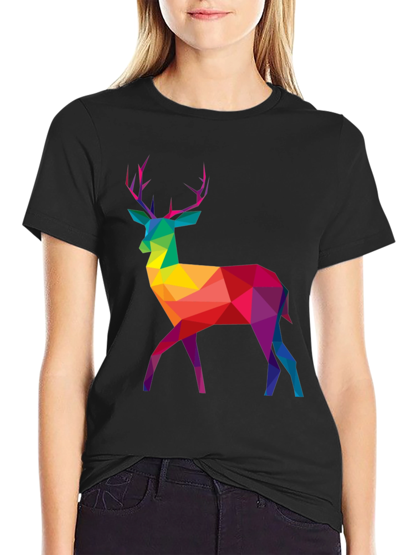 Geometric Rainbow Deer Graphic Tee - Mens Black T-Shirt