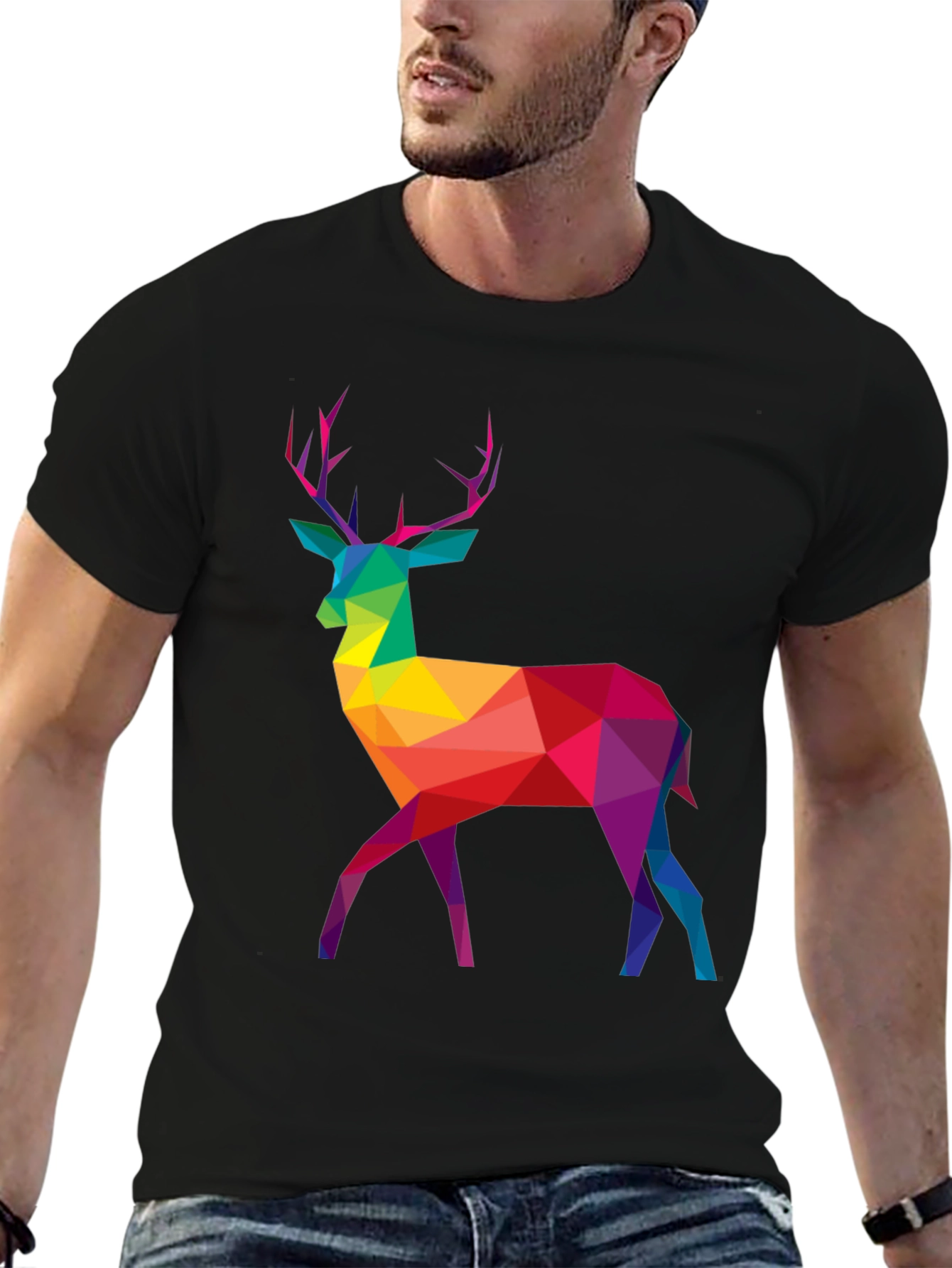 Geometric Rainbow Deer Graphic Tee - Mens Black T-Shirt