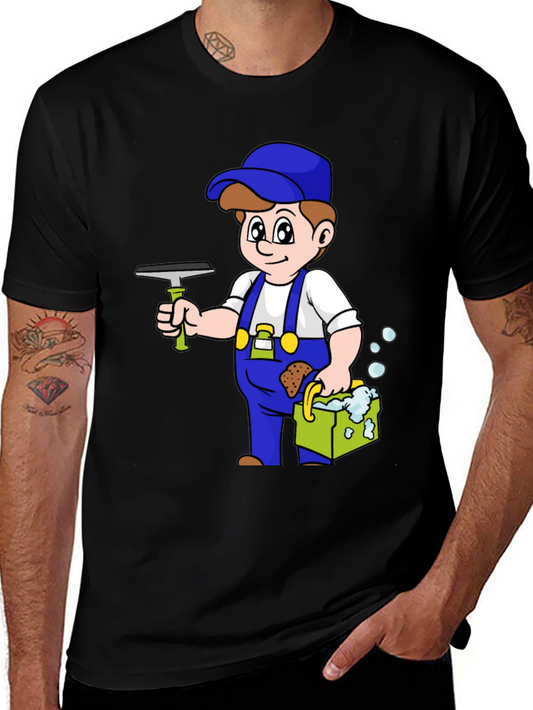 Cartoon Window Washer Graphic T-Shirt