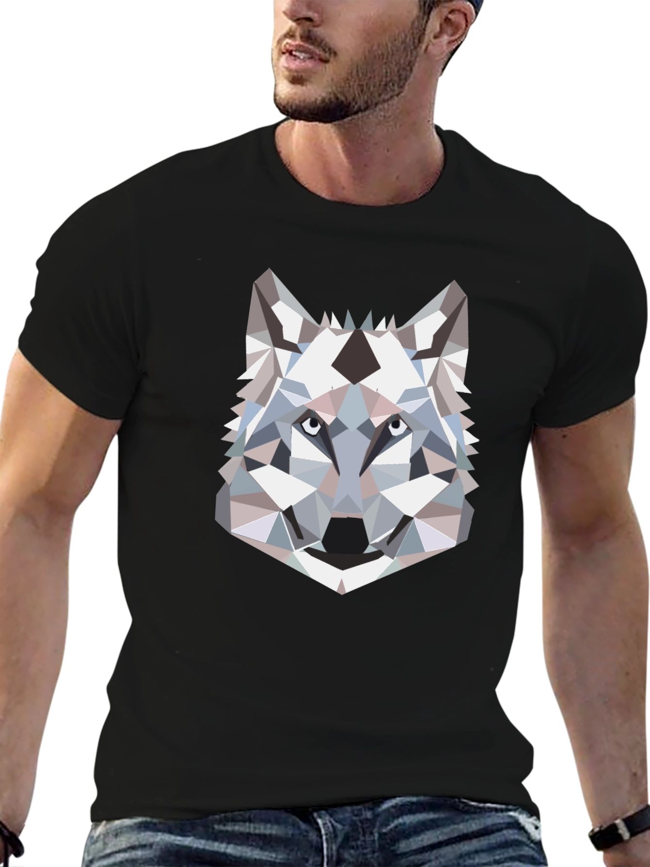 Geometric Wolf Head Graphic T-Shirt - Black