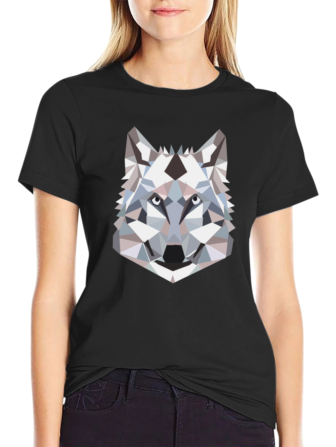 Geometric Wolf Head Graphic T-Shirt - Black