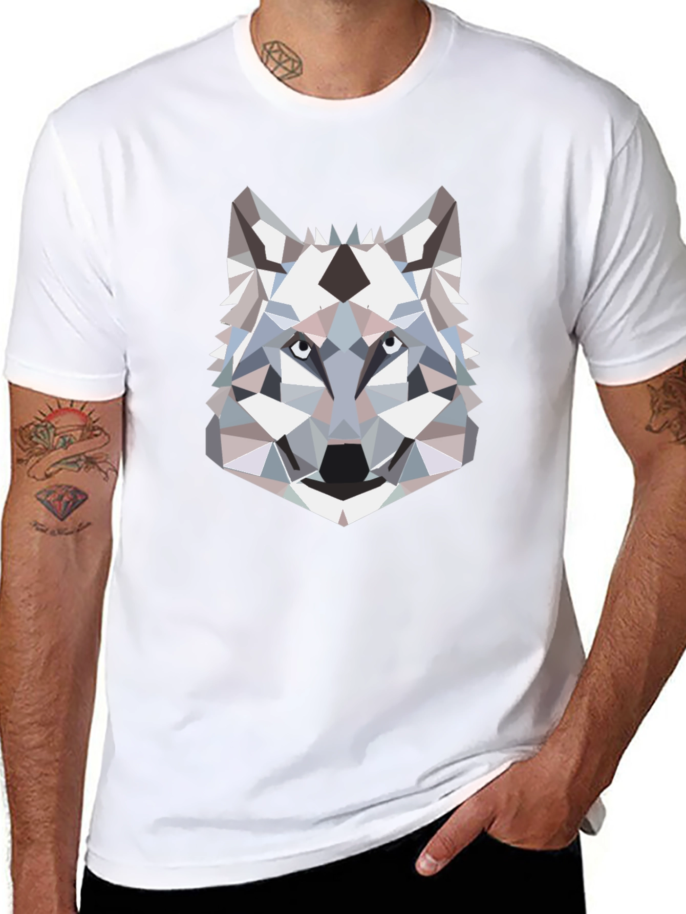 Geometric Wolf Head Graphic T-Shirt - Black