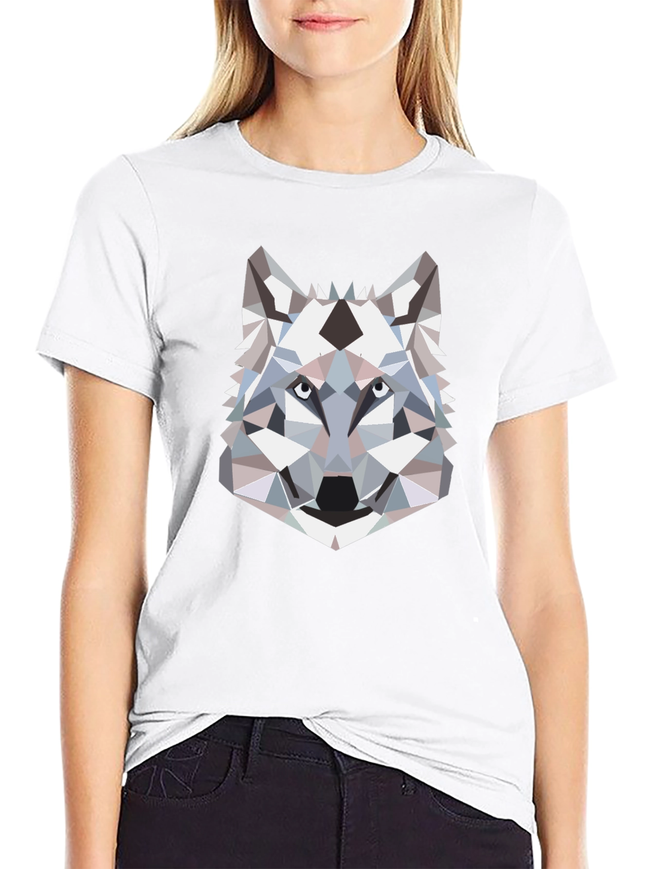 Geometric Wolf Head Graphic T-Shirt - Black