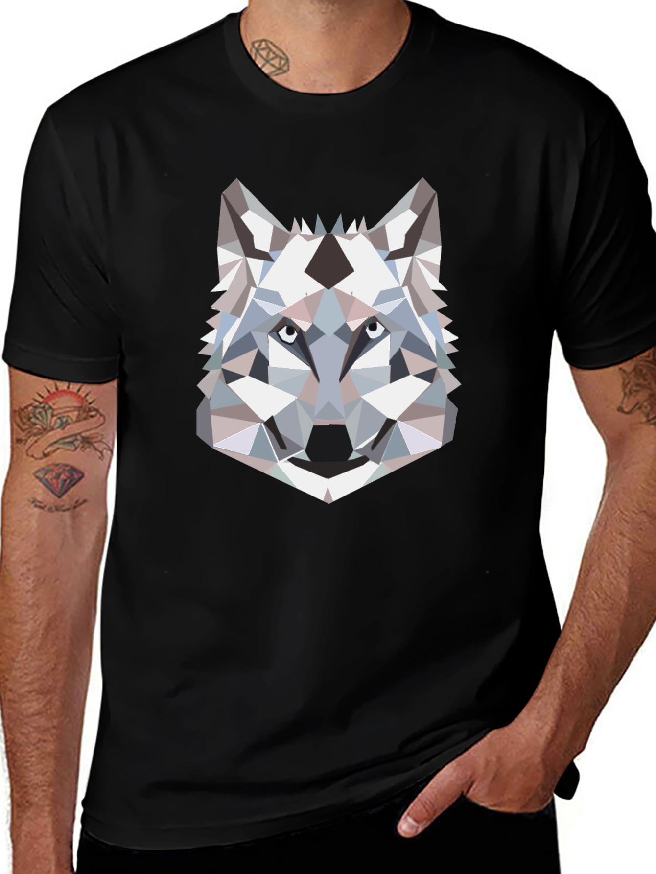 Geometric Wolf Head Graphic T-Shirt - Black