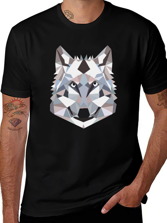 Geometric Wolf Head Graphic T-Shirt - Black