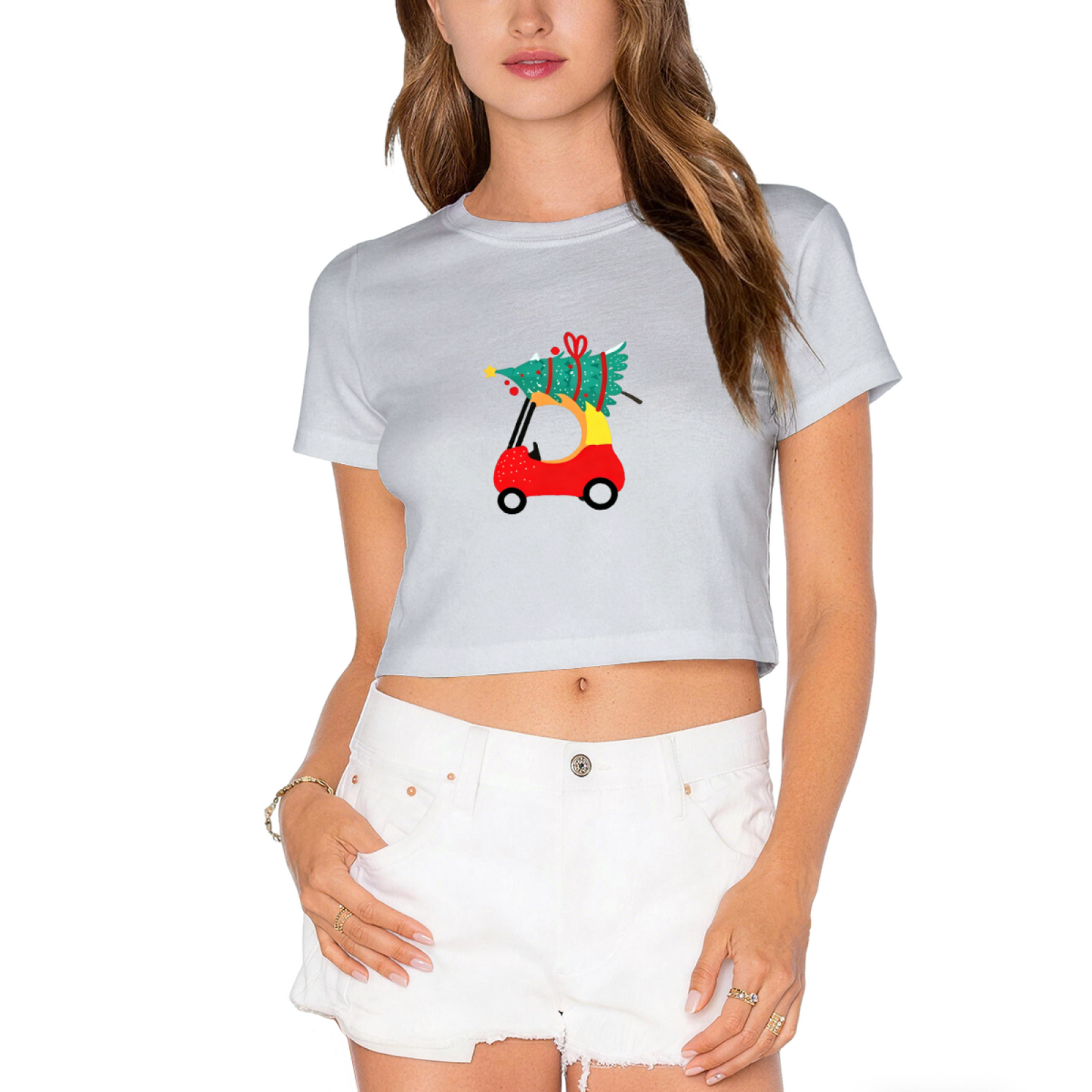 Fun Golf Cart Carrying Christmas Tree Xmas Holiday Women Crop Tee