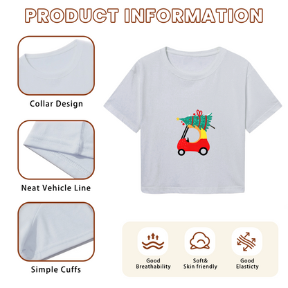 Fun Golf Cart Carrying Christmas Tree Xmas Holiday Women Crop Tee