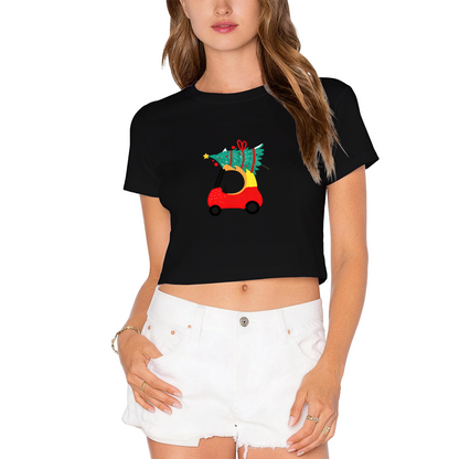 Fun Golf Cart Carrying Christmas Tree Xmas Holiday Women Crop Tee