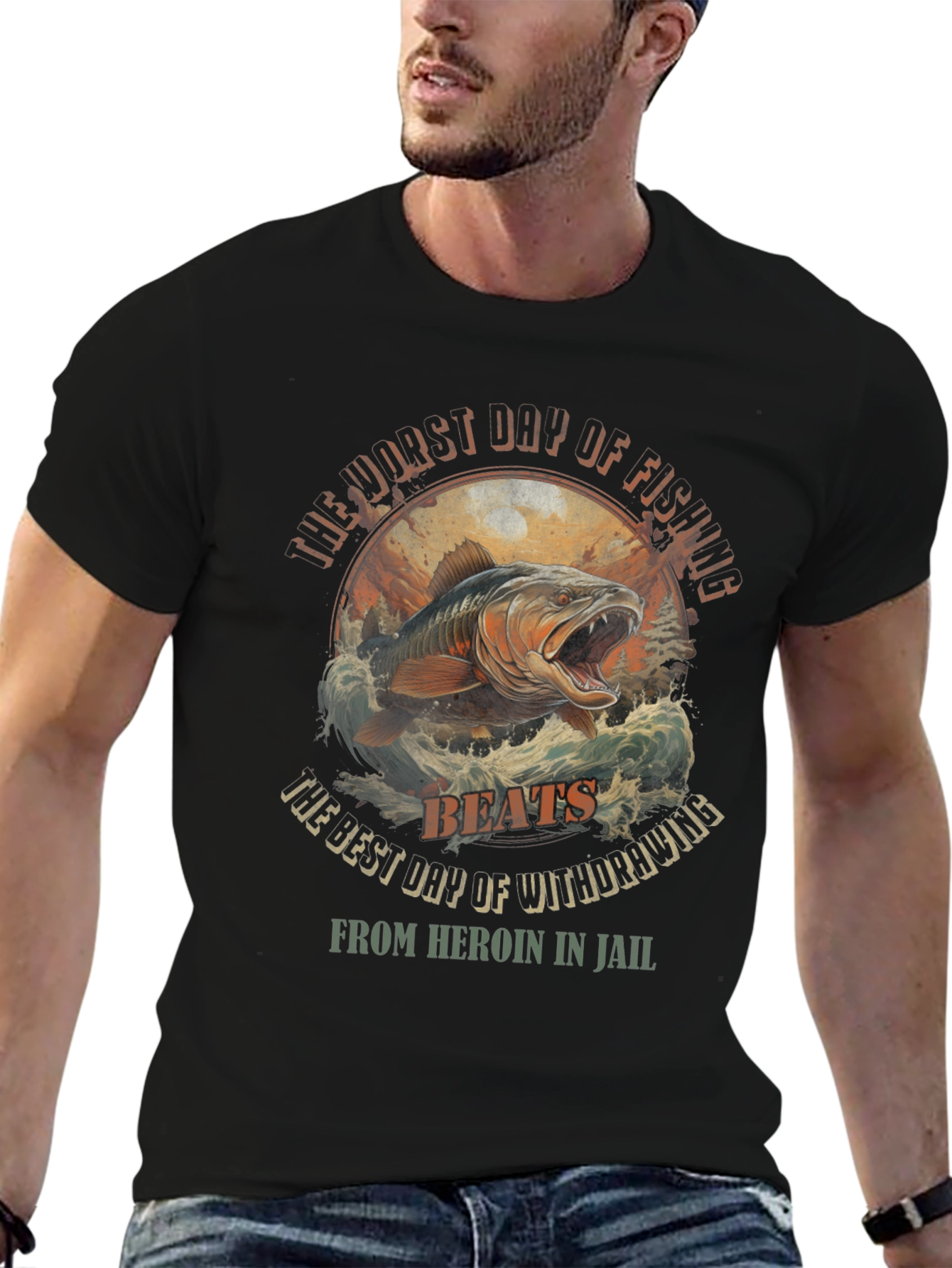 Fishing vs. Heroin Black Graphic Tee