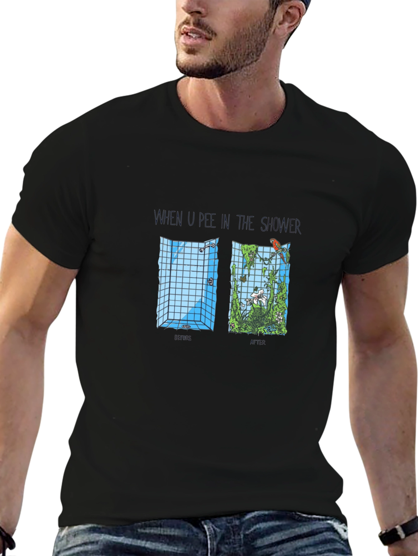 Humorous Shower Jungle Graphic Tee - Black