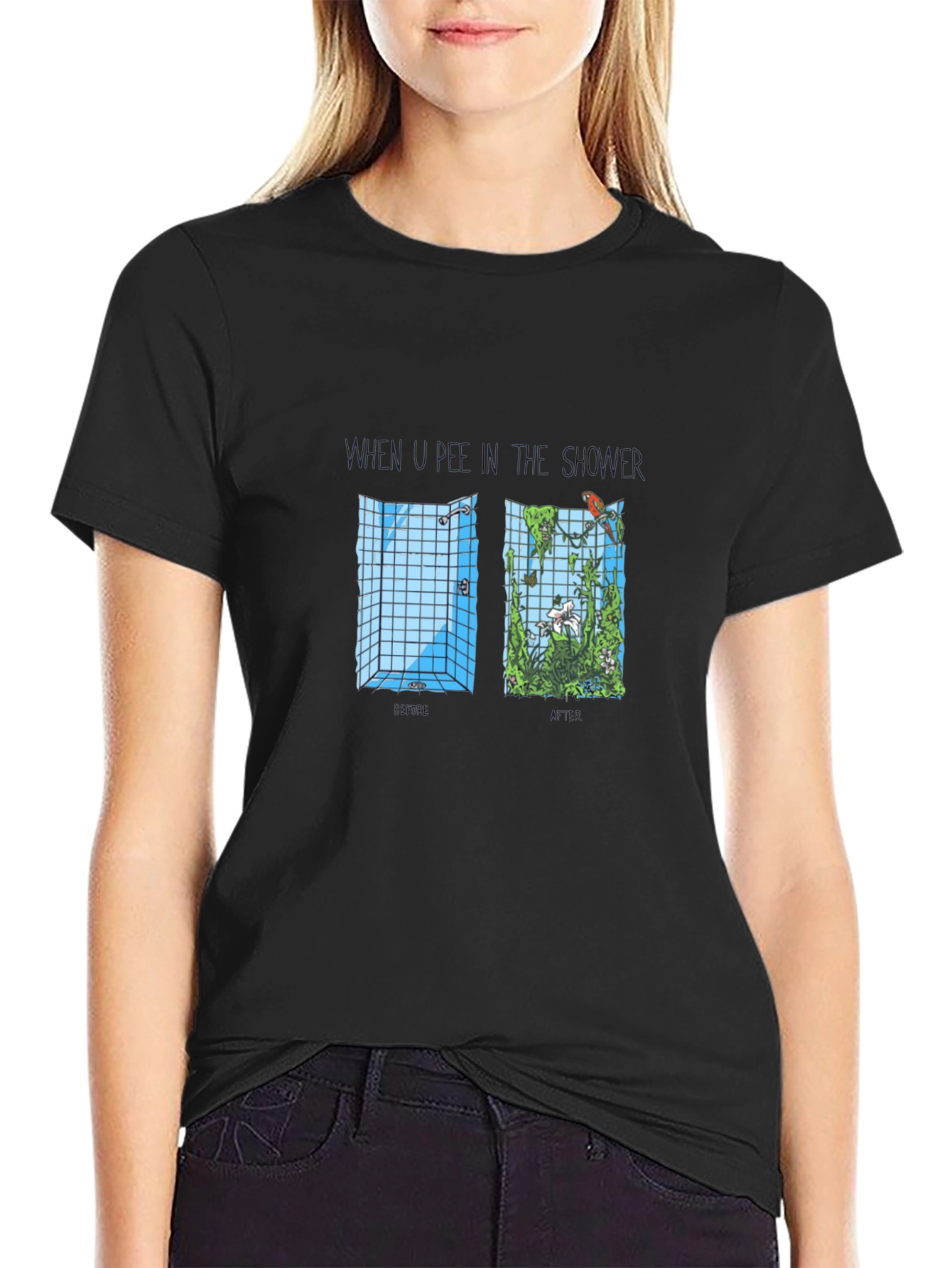 Humorous Shower Jungle Graphic Tee - Black