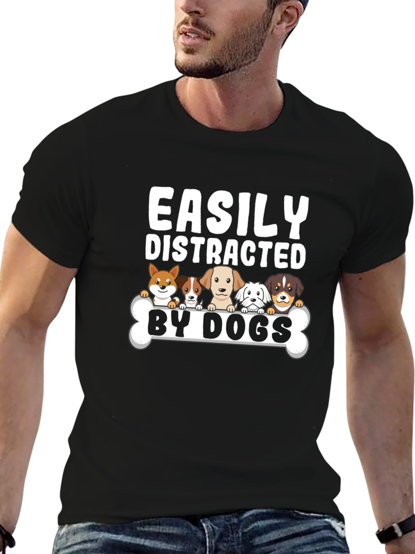 Easily Distracted By Dogs Black Graphic T-Shirt
