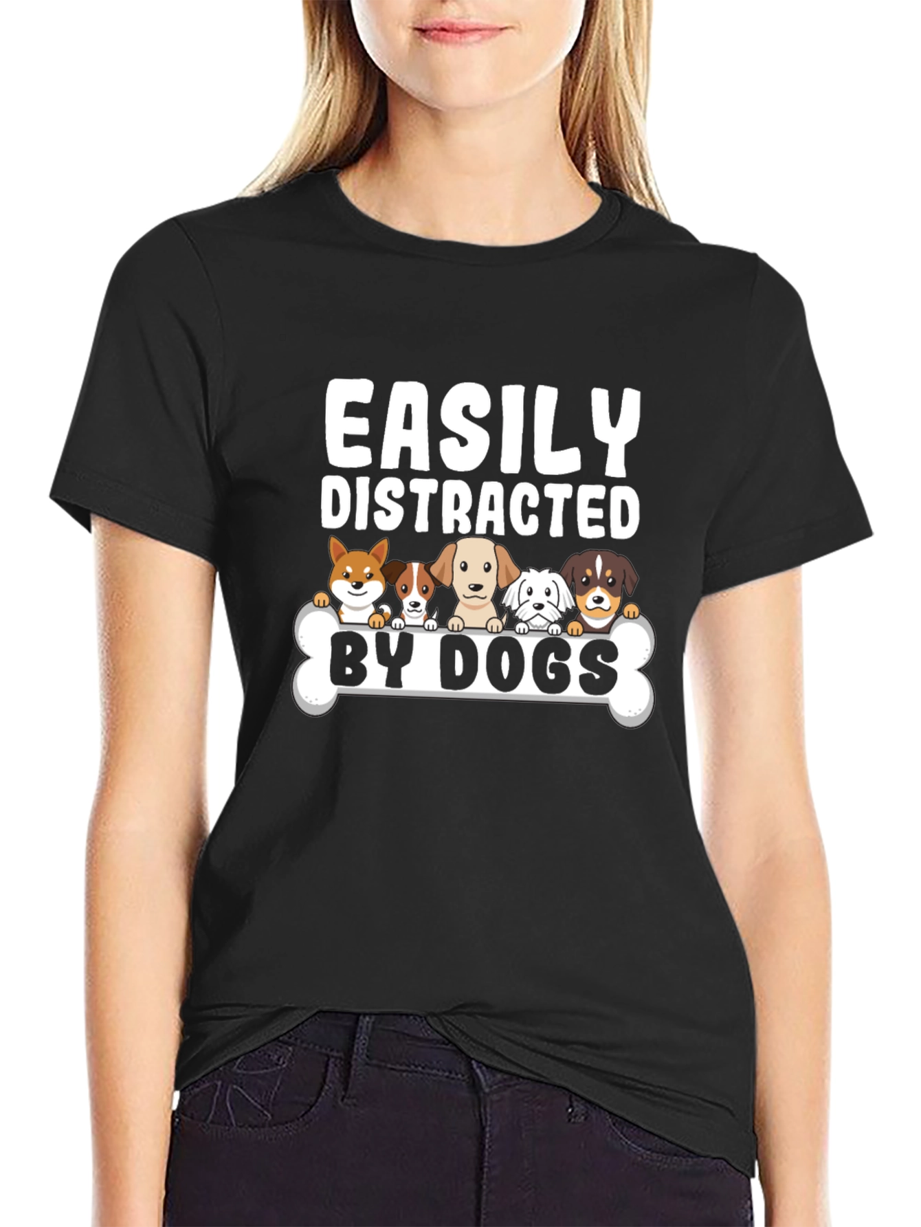 Easily Distracted By Dogs Black Graphic T-Shirt
