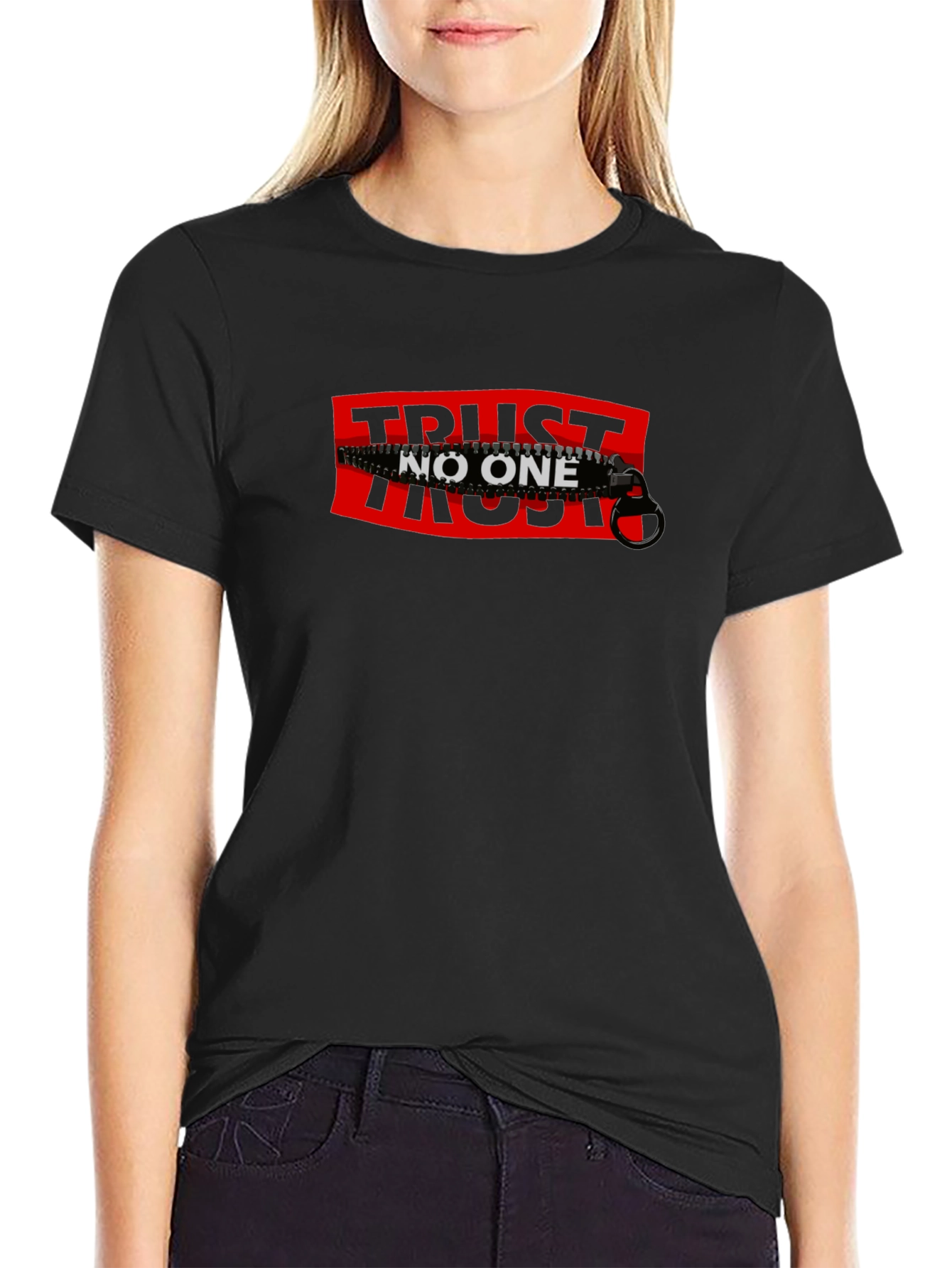Trust No One Zipper Graphic Tee - Statement T-Shirt