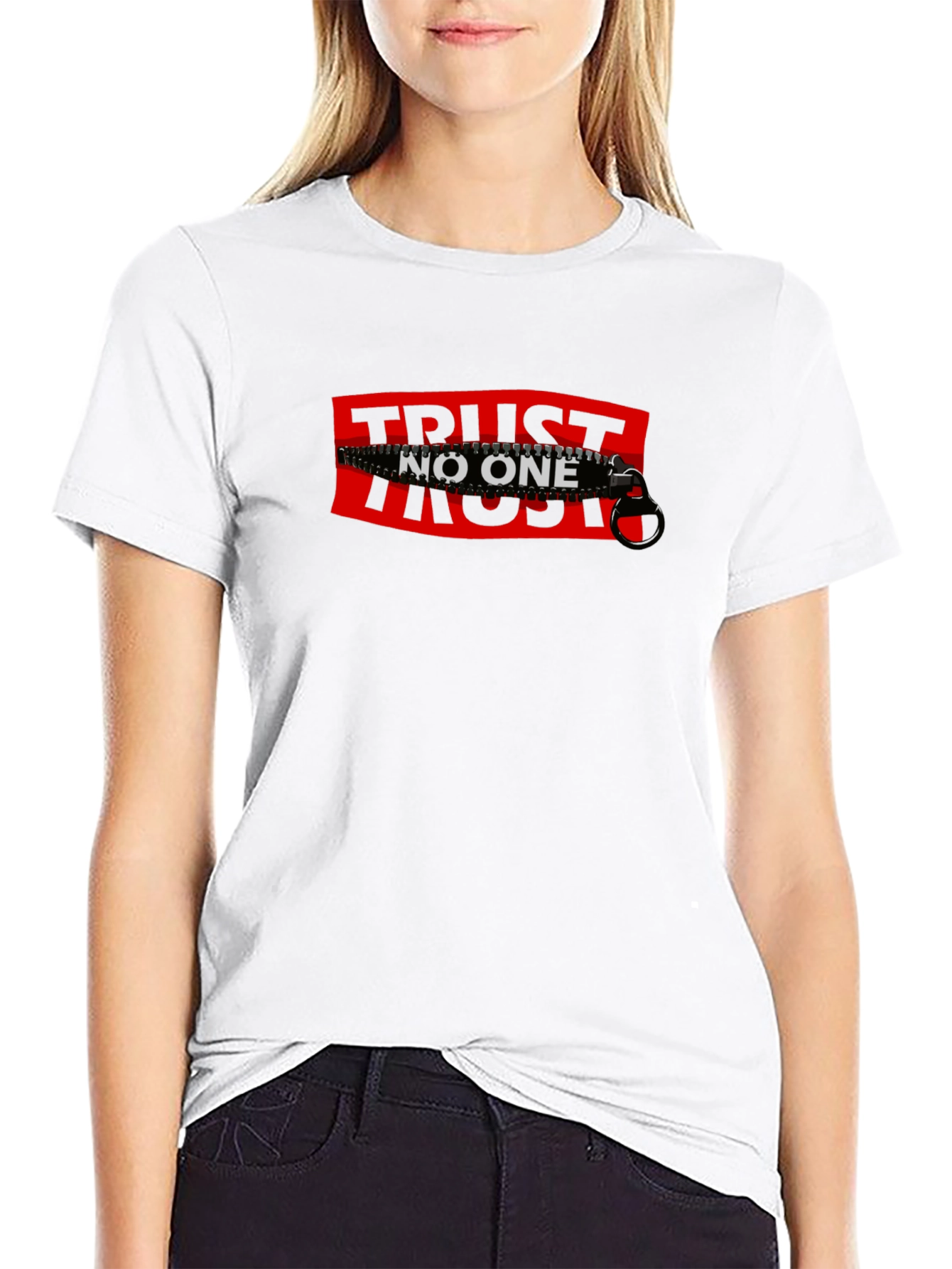 Trust No One Zipper Graphic Tee - Statement T-Shirt