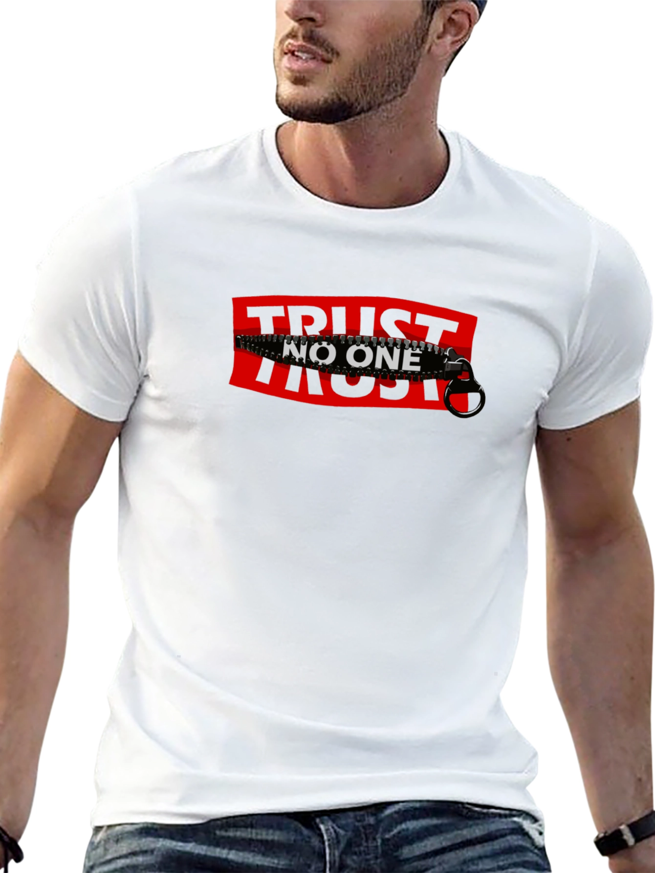 Trust No One Zipper Graphic Tee - Statement T-Shirt