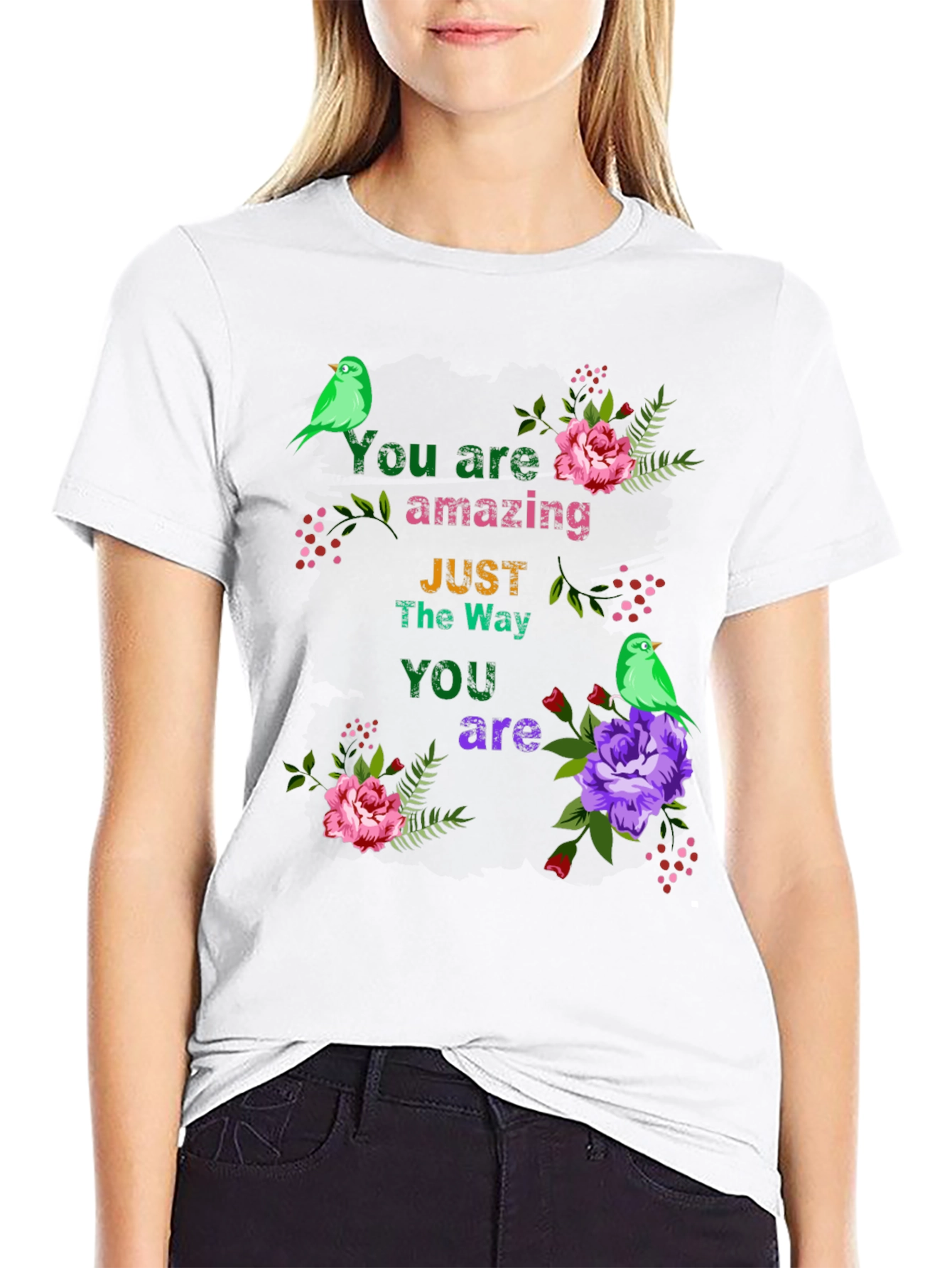 You Are Amazing T-Shirt with Floral Bird Accents