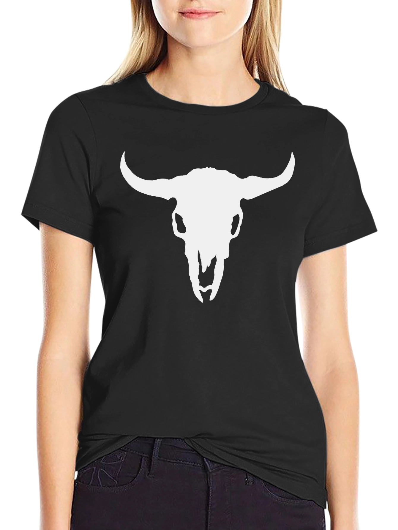 White Bull Skull Graphic Black T-Shirt