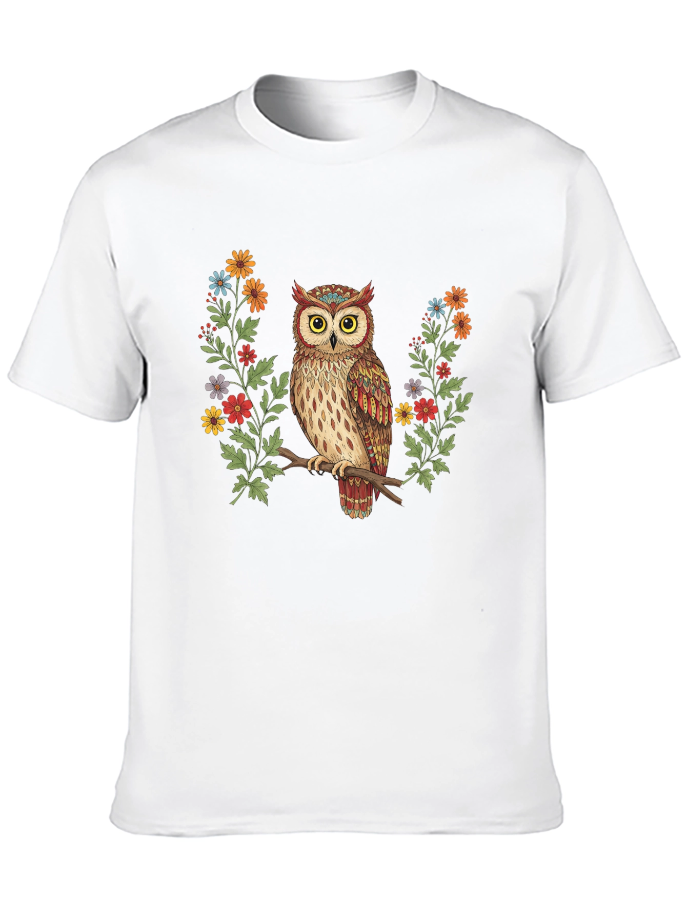 Owl and Floral Print Black T-Shirt
