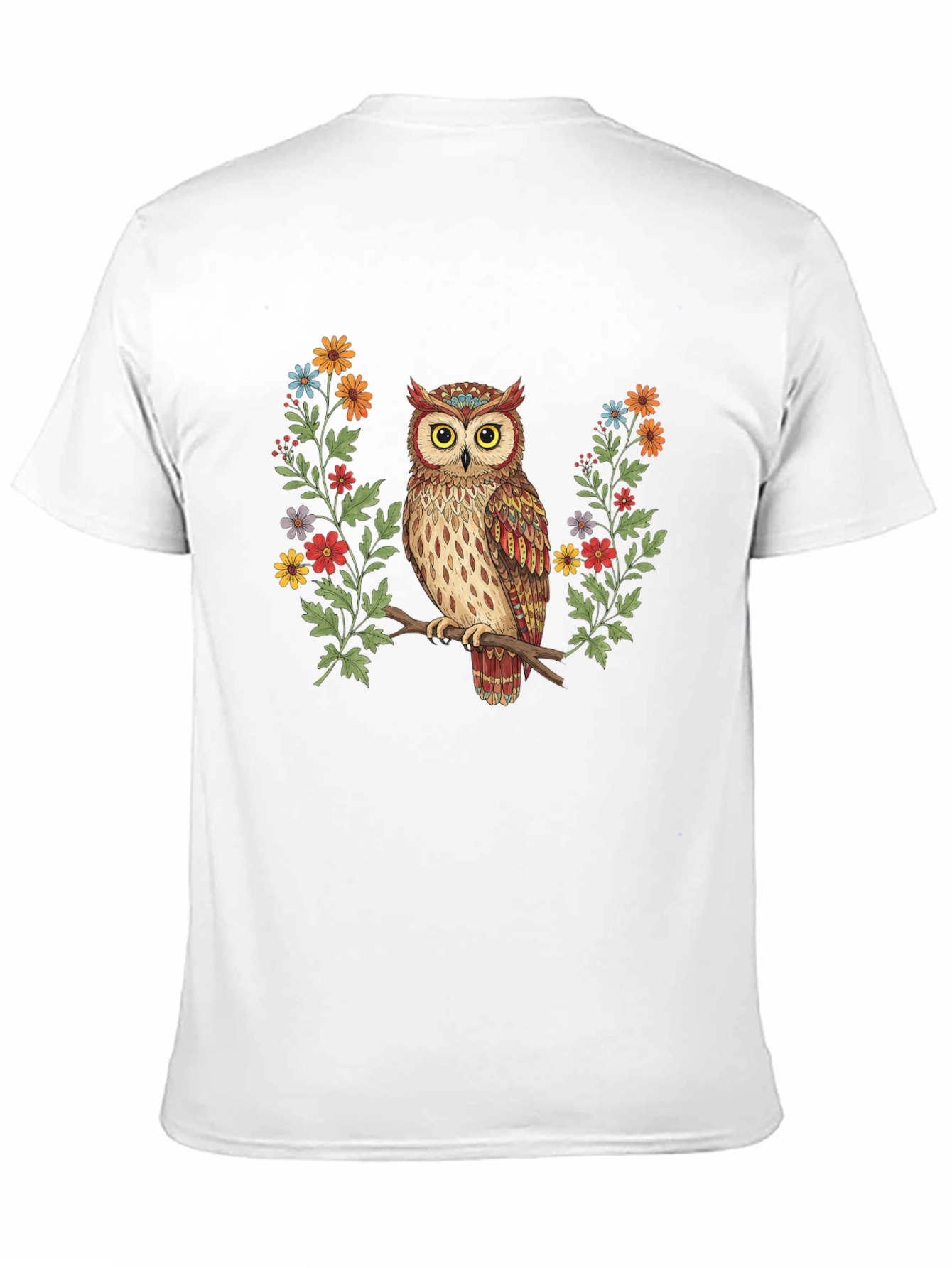Owl and Floral Print Black T-Shirt