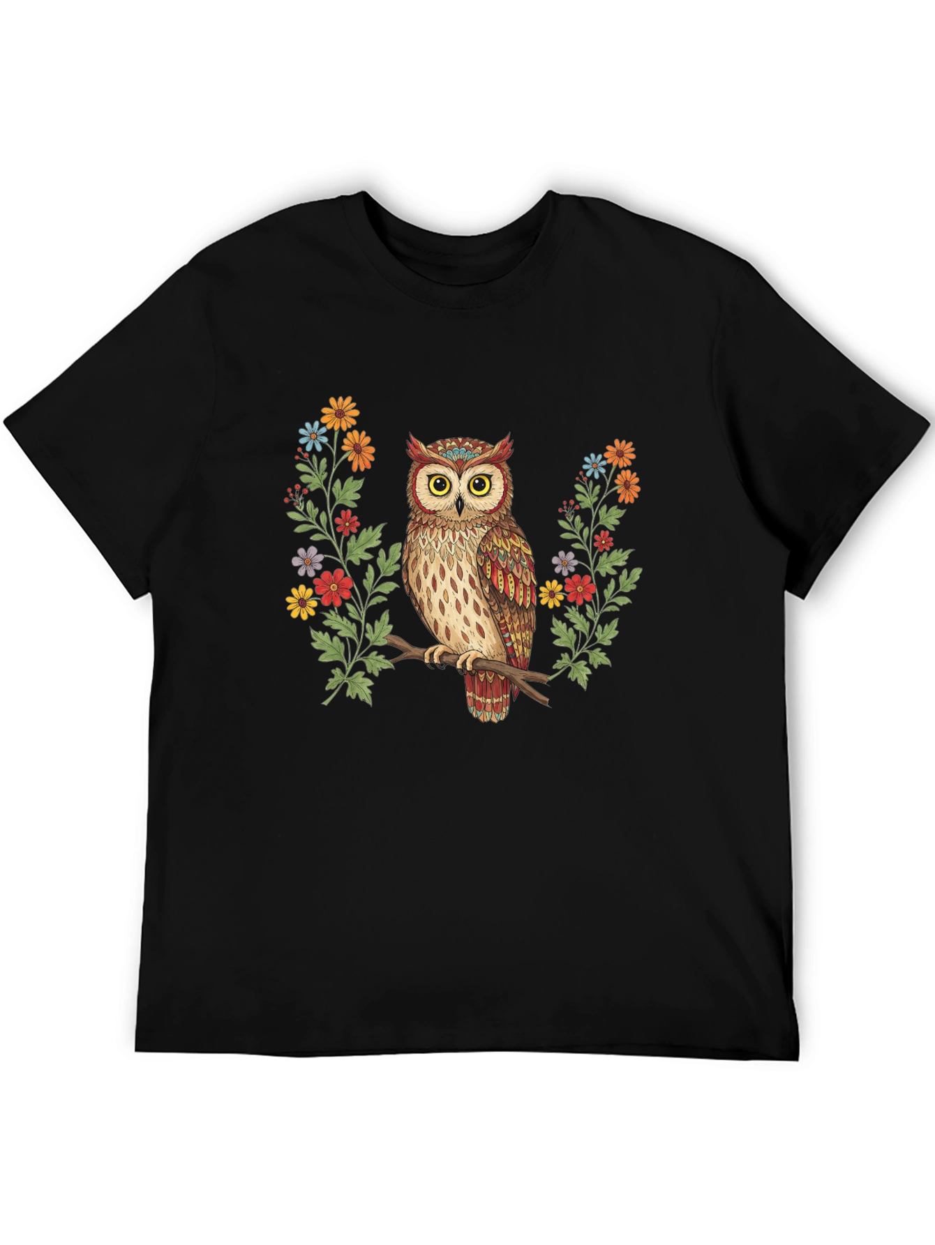 Owl and Floral Print Black T-Shirt