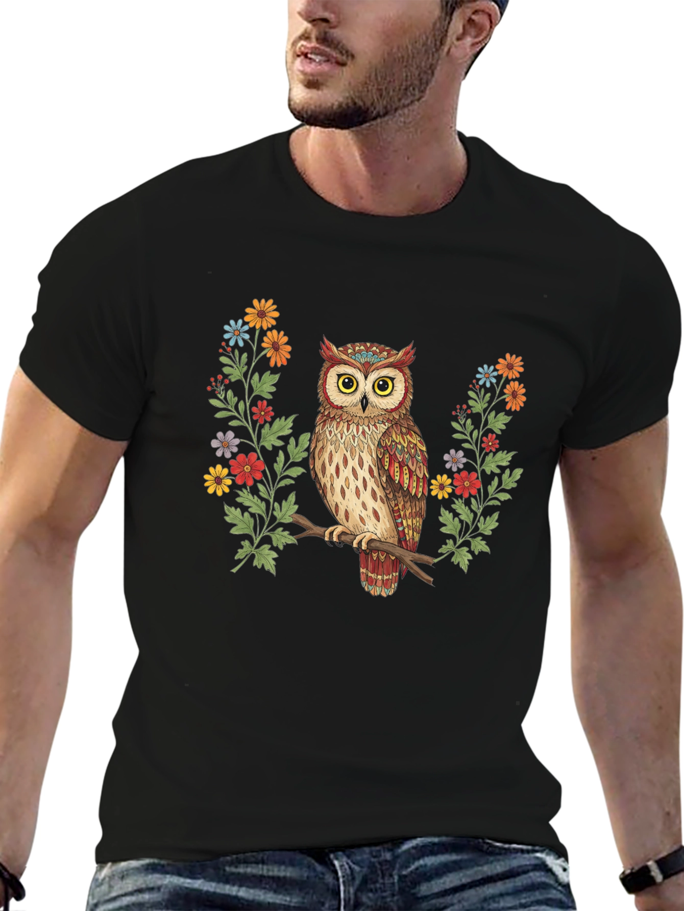 Owl and Floral Print Black T-Shirt