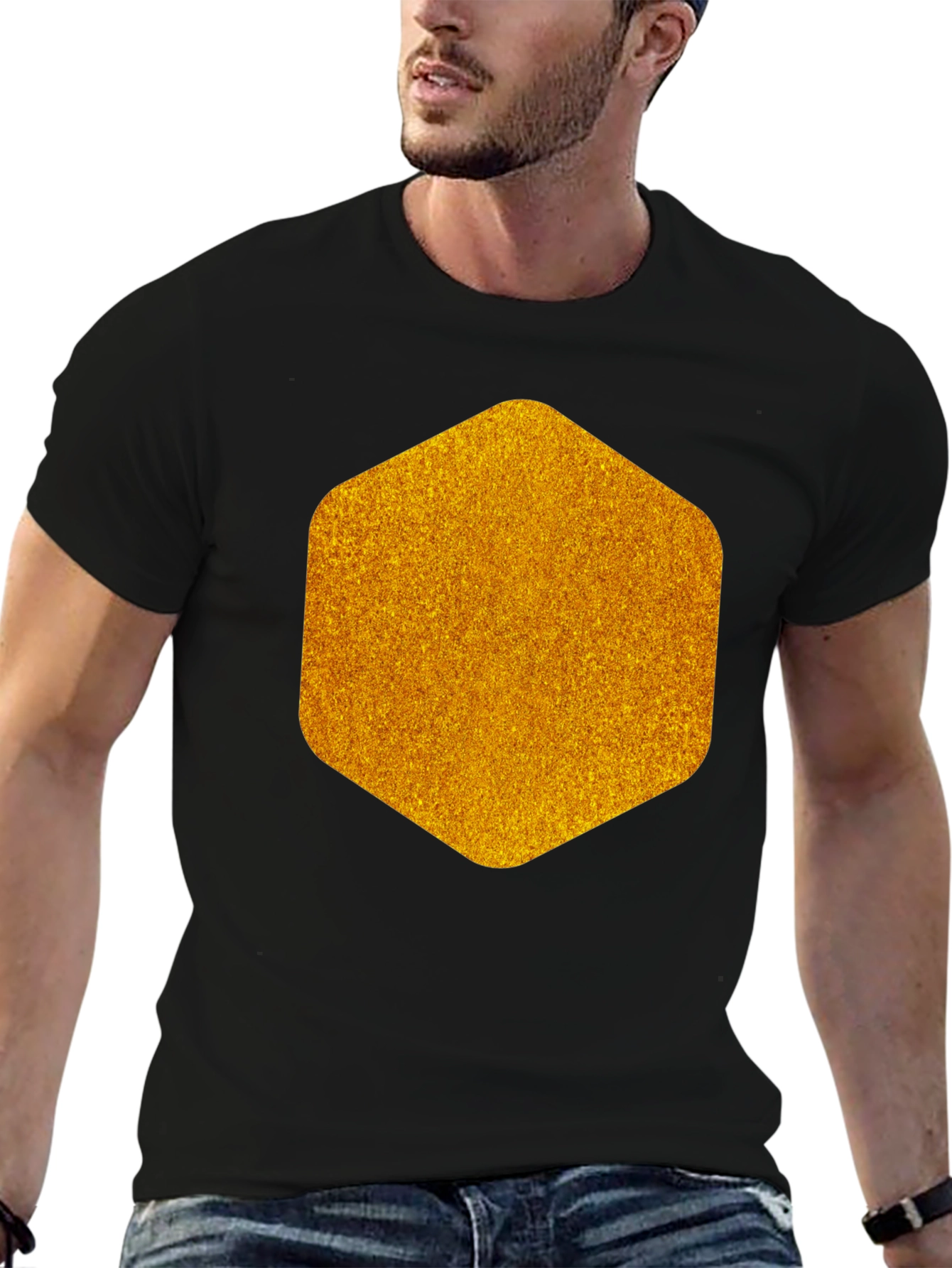 Geometric Gold Graphic Tee - Modern Mens Black T-Shirt