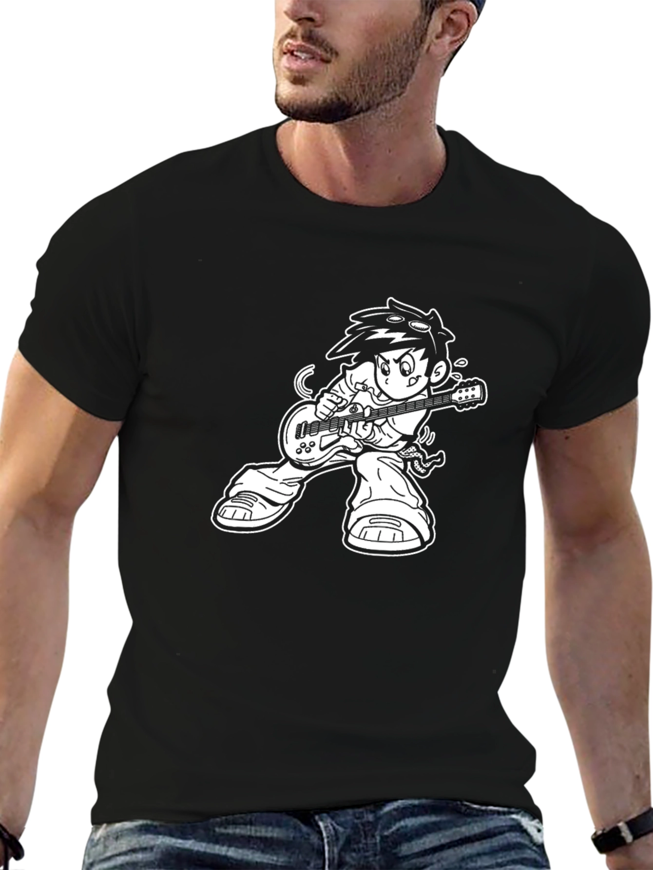 Cool Cartoon Rocker Graphic Tee - Black