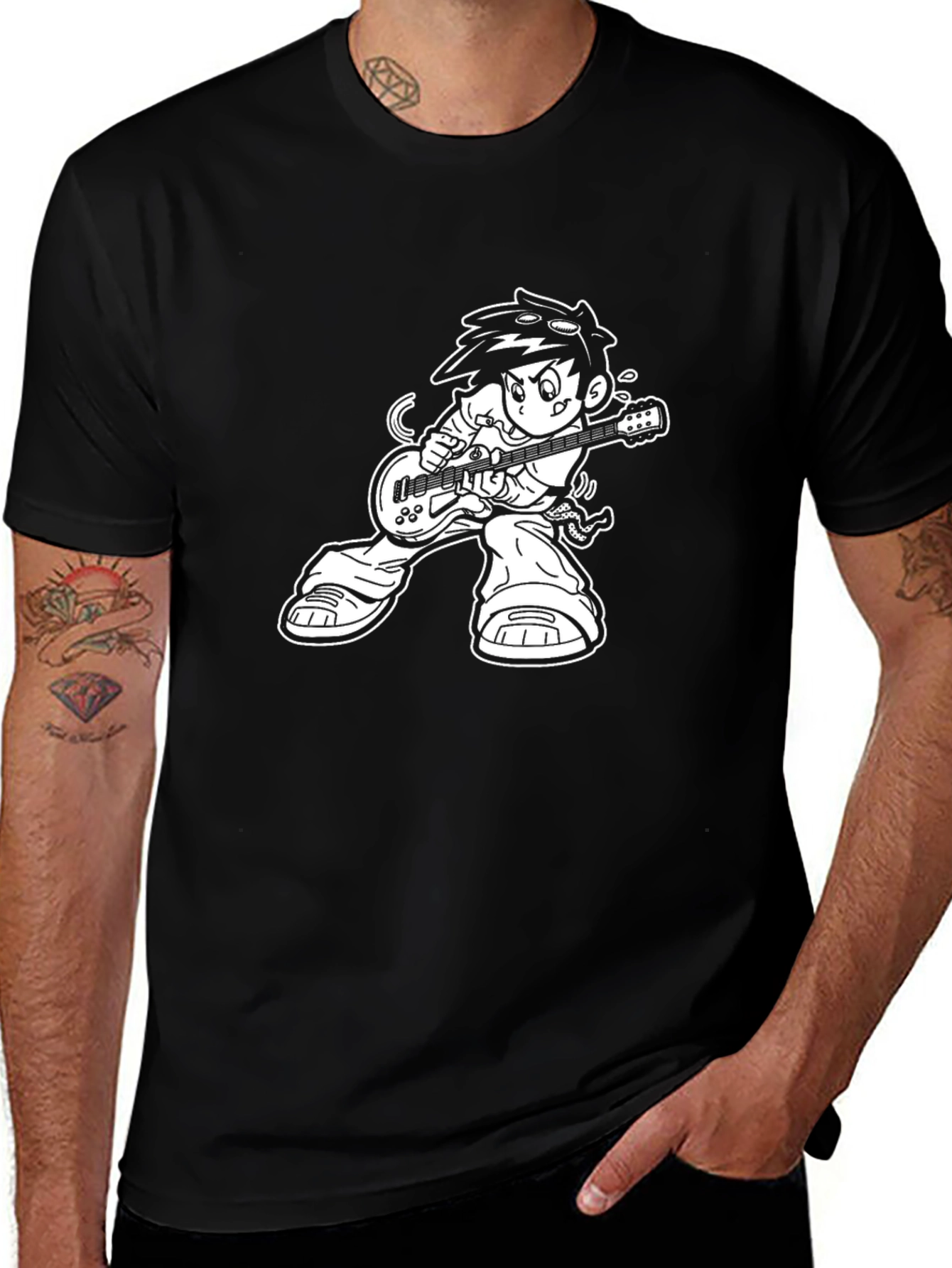 Cool Cartoon Rocker Graphic Tee - Black