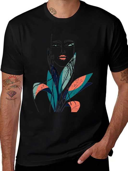 Abstract Face & Foliage Graphic Tee - Unisex Black T-Shirt