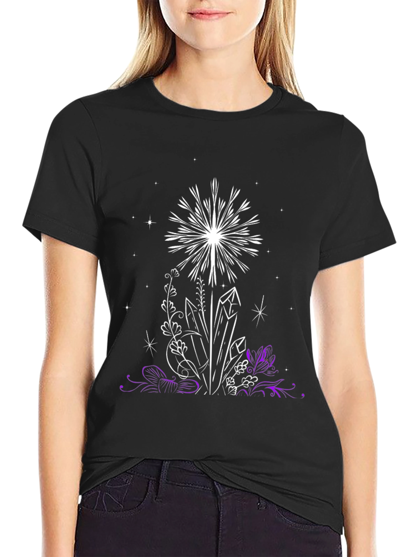 Crystal & Floral Graphic Black T-Shirt