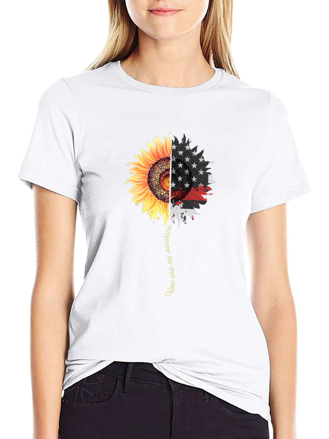 Sunflower American Flag Graphic Print Mens Black T-Shirt