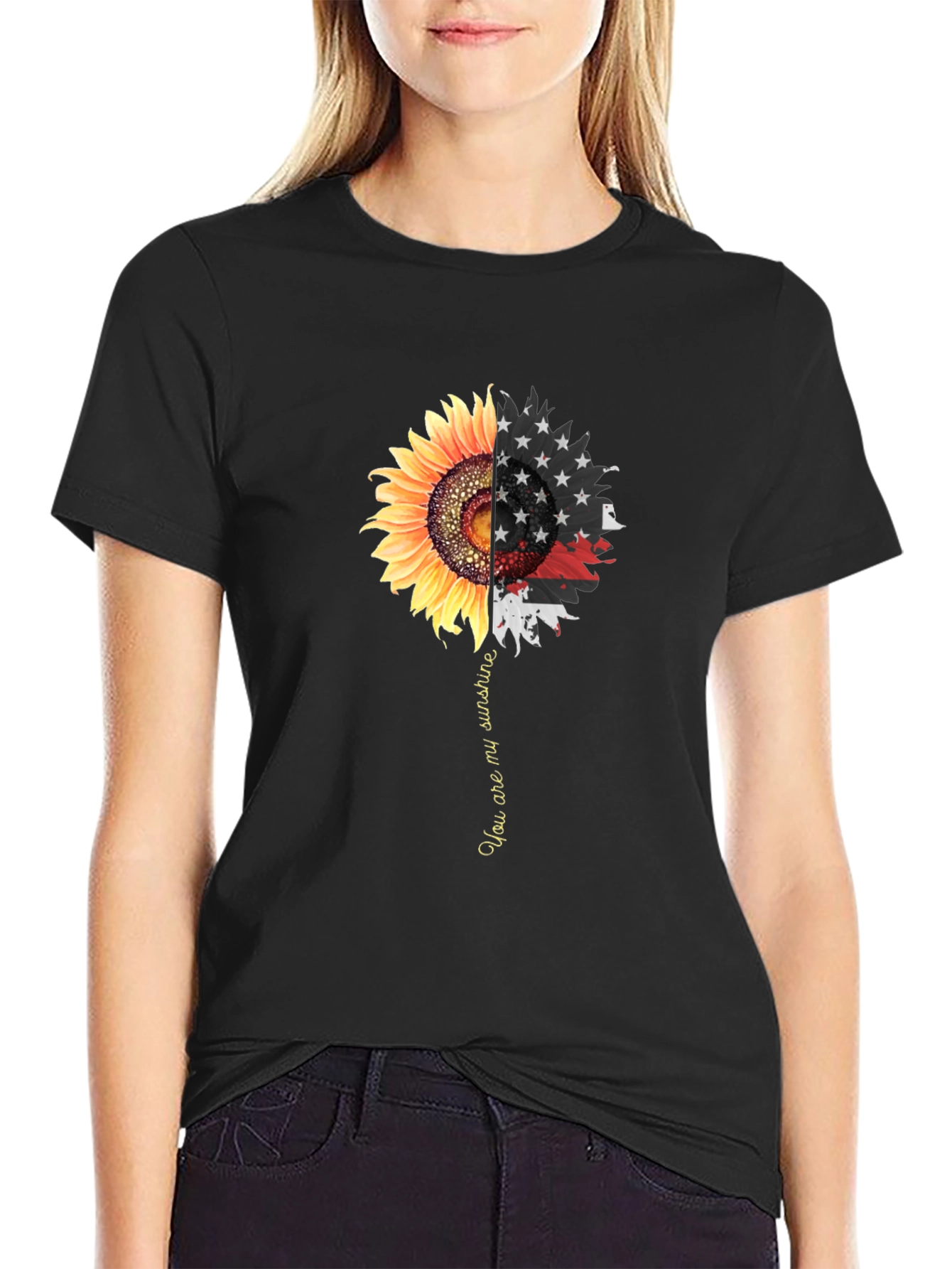 Sunflower American Flag Graphic Print Mens Black T-Shirt