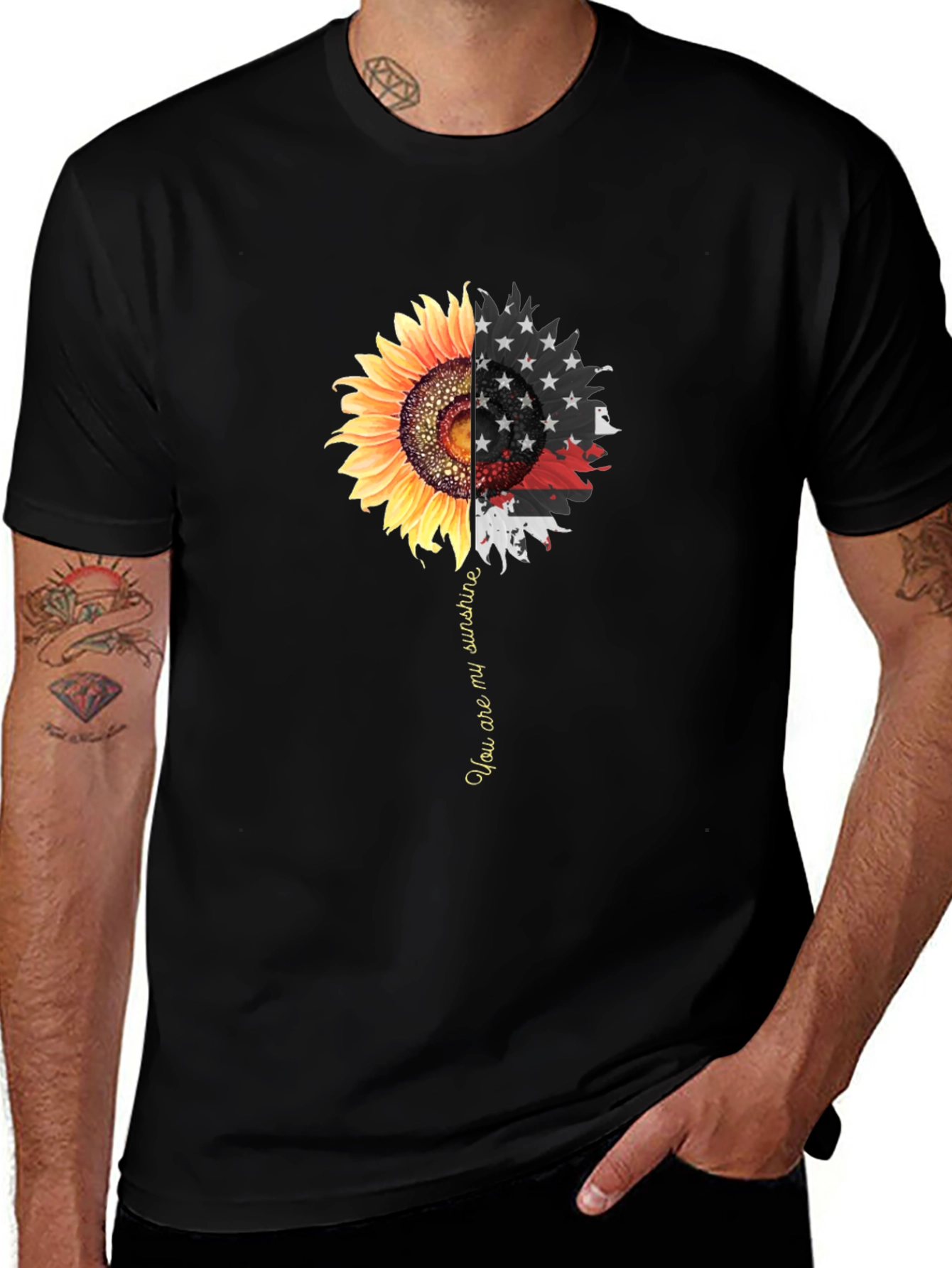 Sunflower American Flag Graphic Print Mens Black T-Shirt