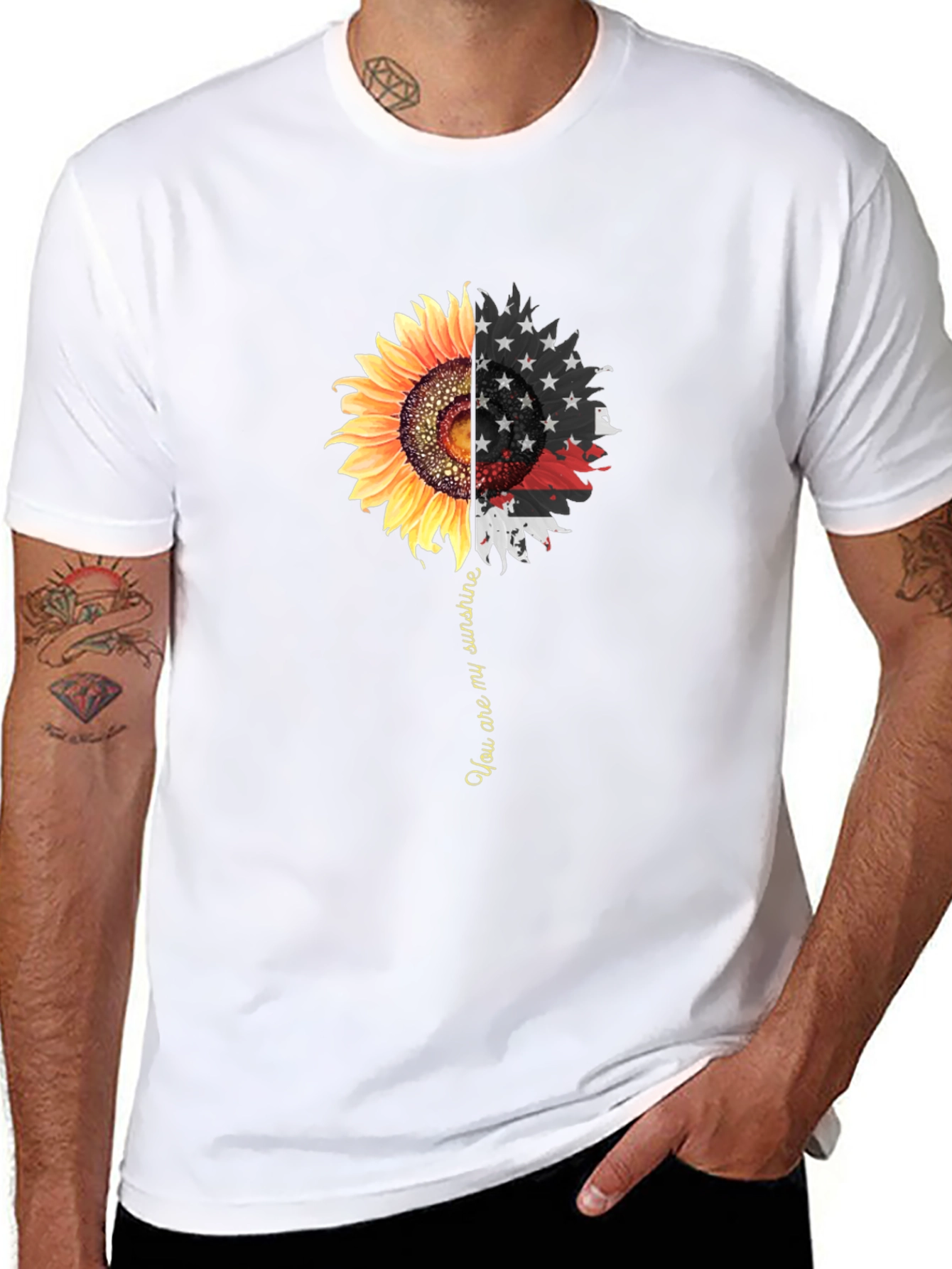 Sunflower American Flag Graphic Print Mens Black T-Shirt