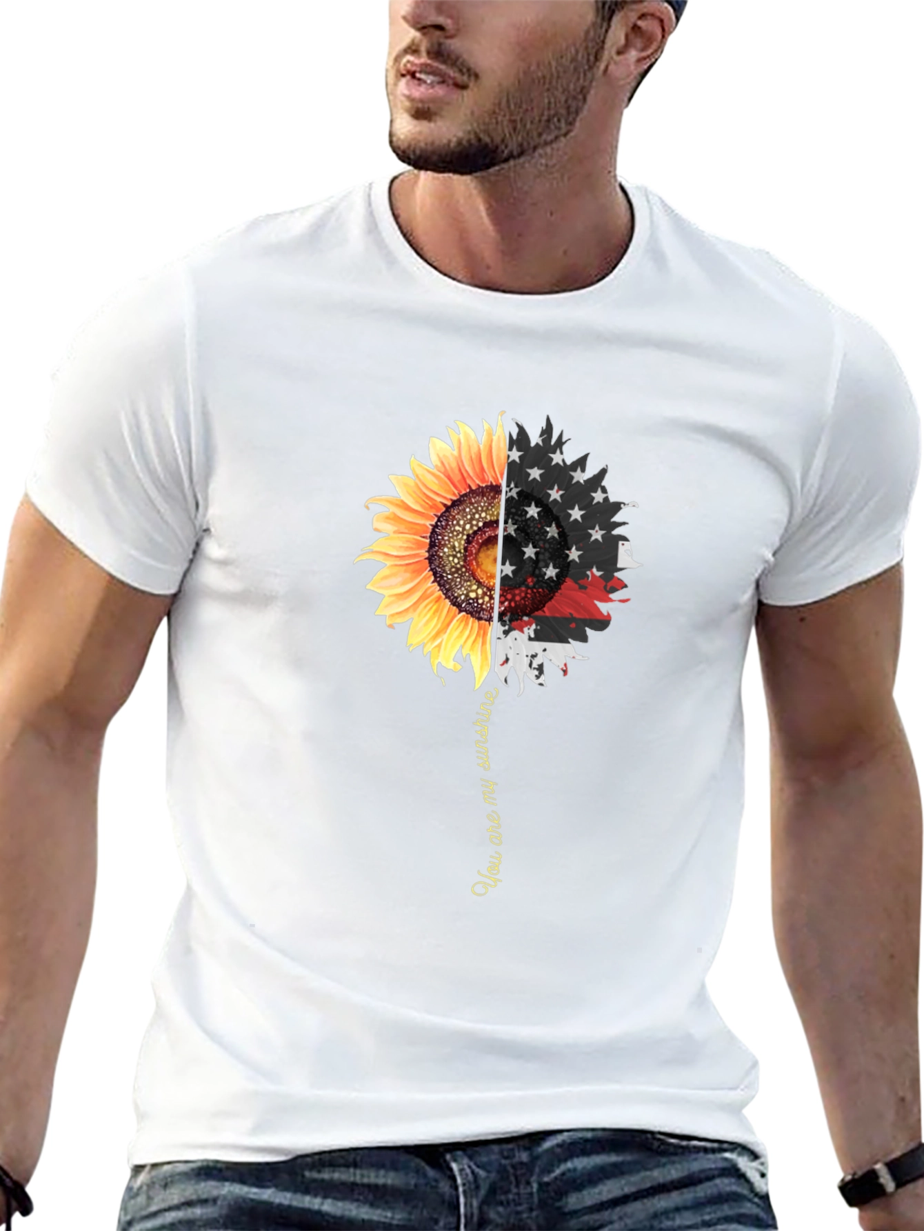 Sunflower American Flag Graphic Print Mens Black T-Shirt