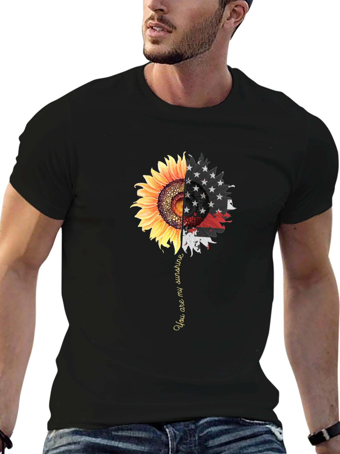 Sunflower American Flag Graphic Print Mens Black T-Shirt