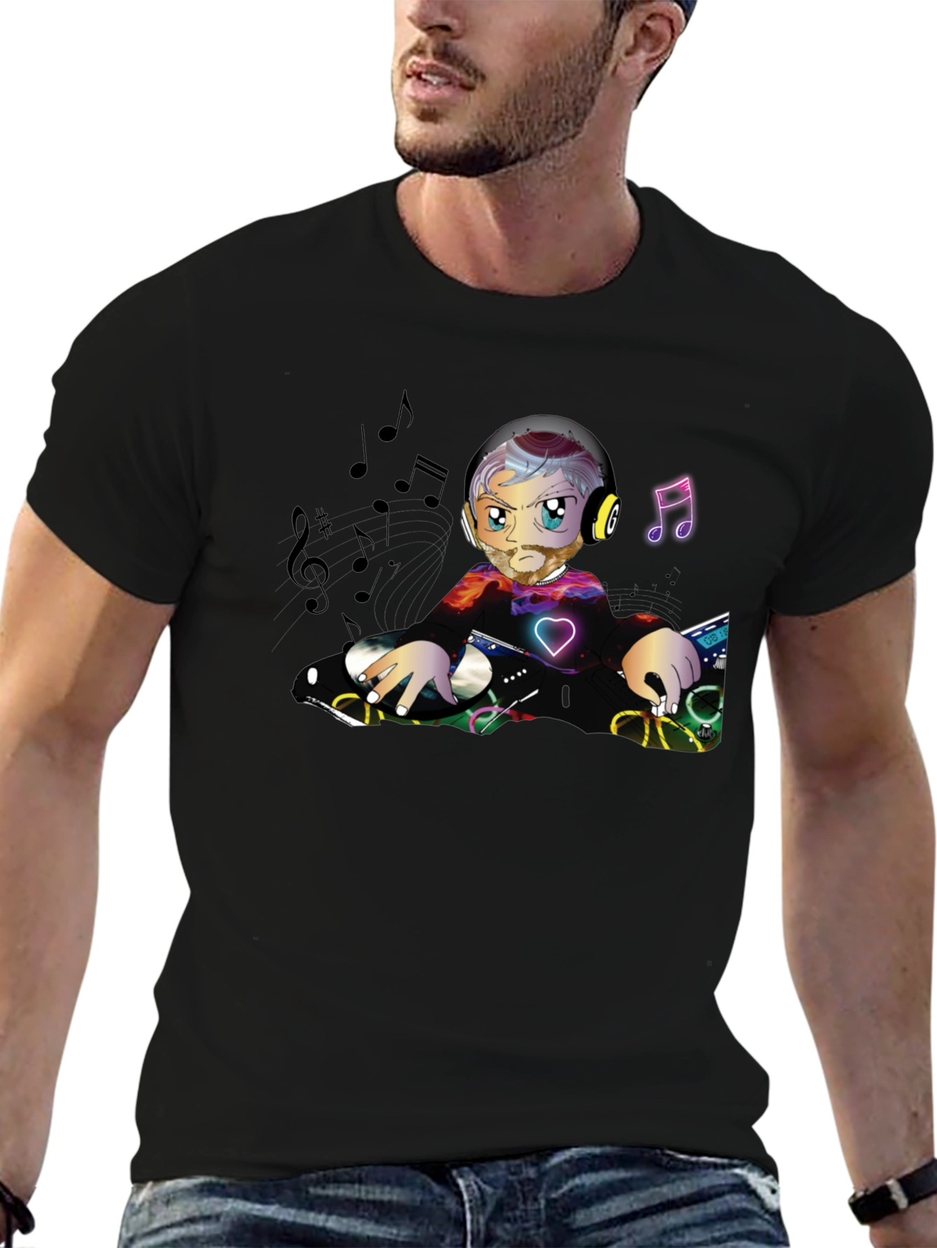 DJ Cartoon Graphic Black T-Shirt