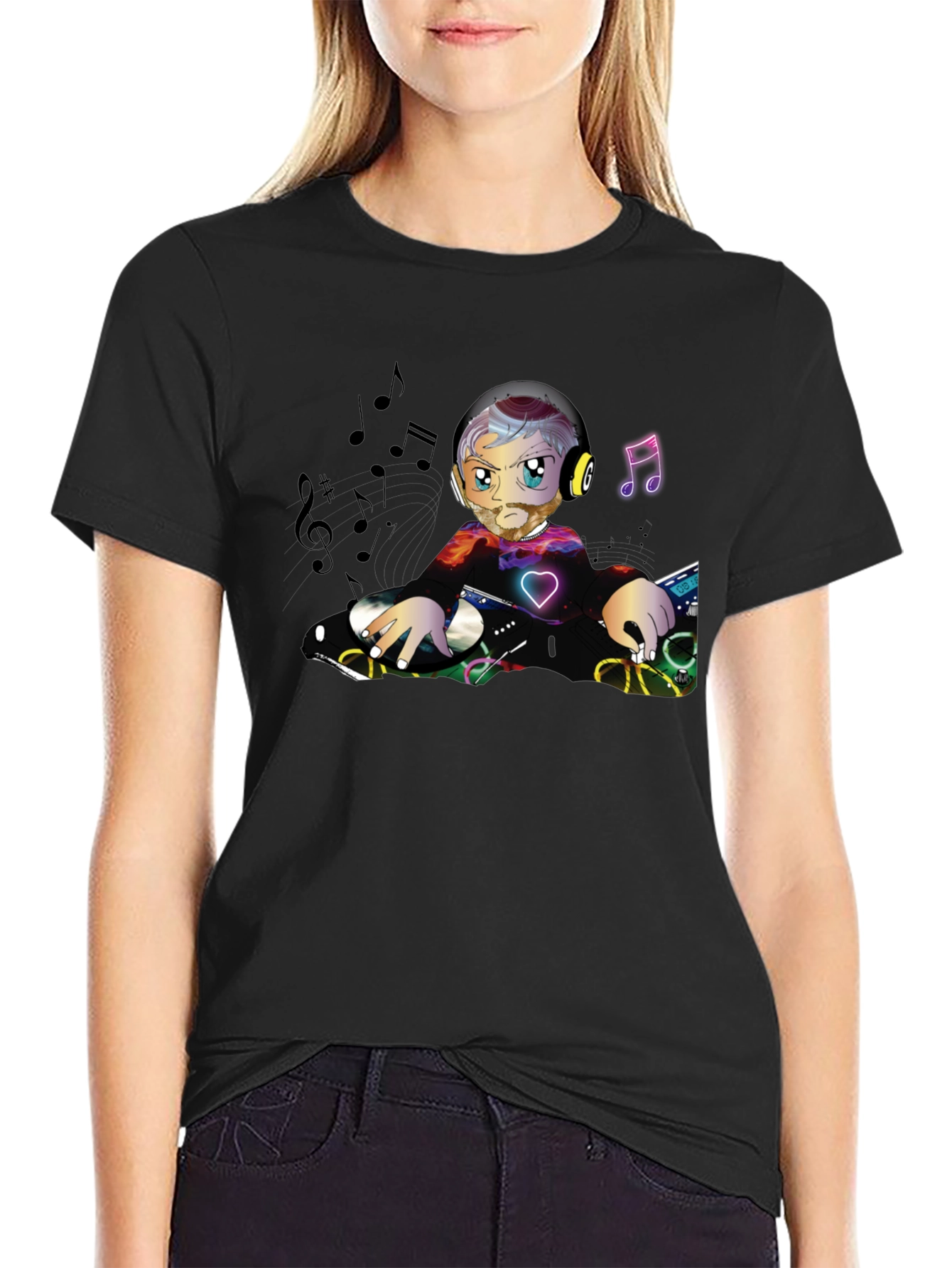 DJ Cartoon Graphic Black T-Shirt