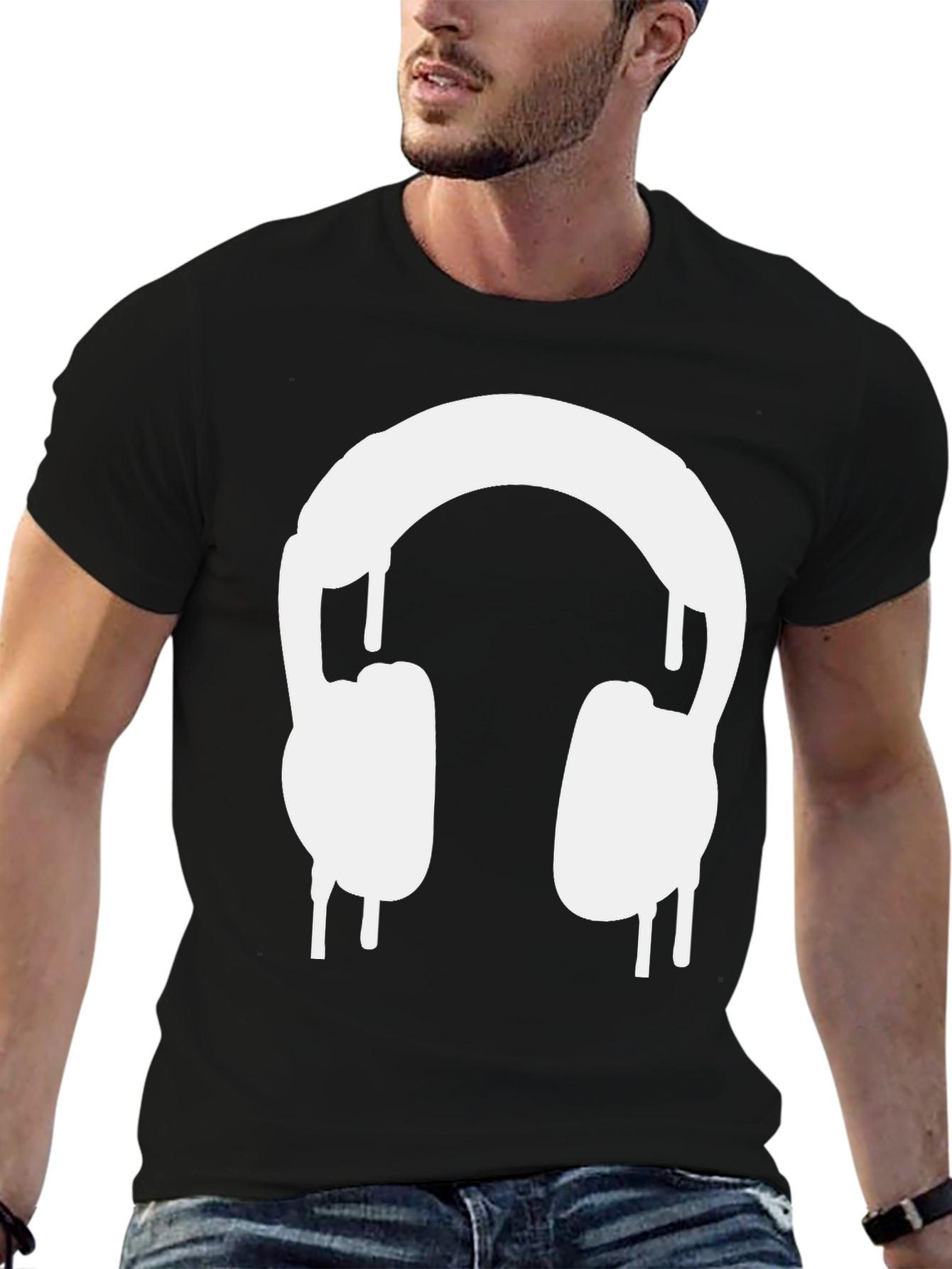 Cool Black Tee with Dripping Headphones Design