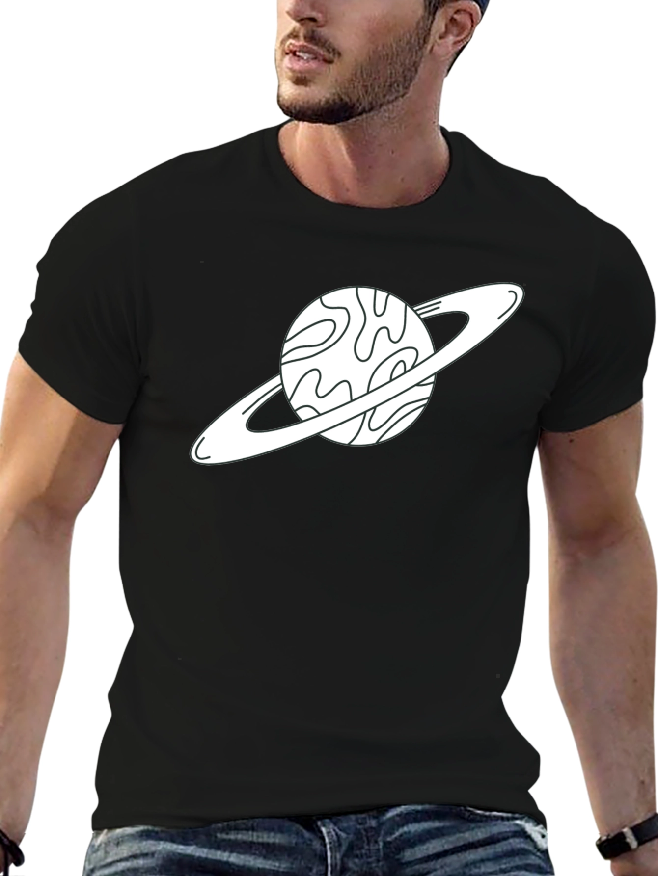 Saturn Graphic Tee - Space Lovers Black Cotton T-Shirt