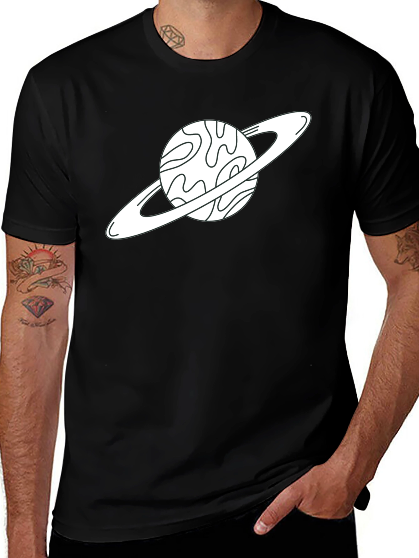Saturn Graphic Tee - Space Lovers Black Cotton T-Shirt