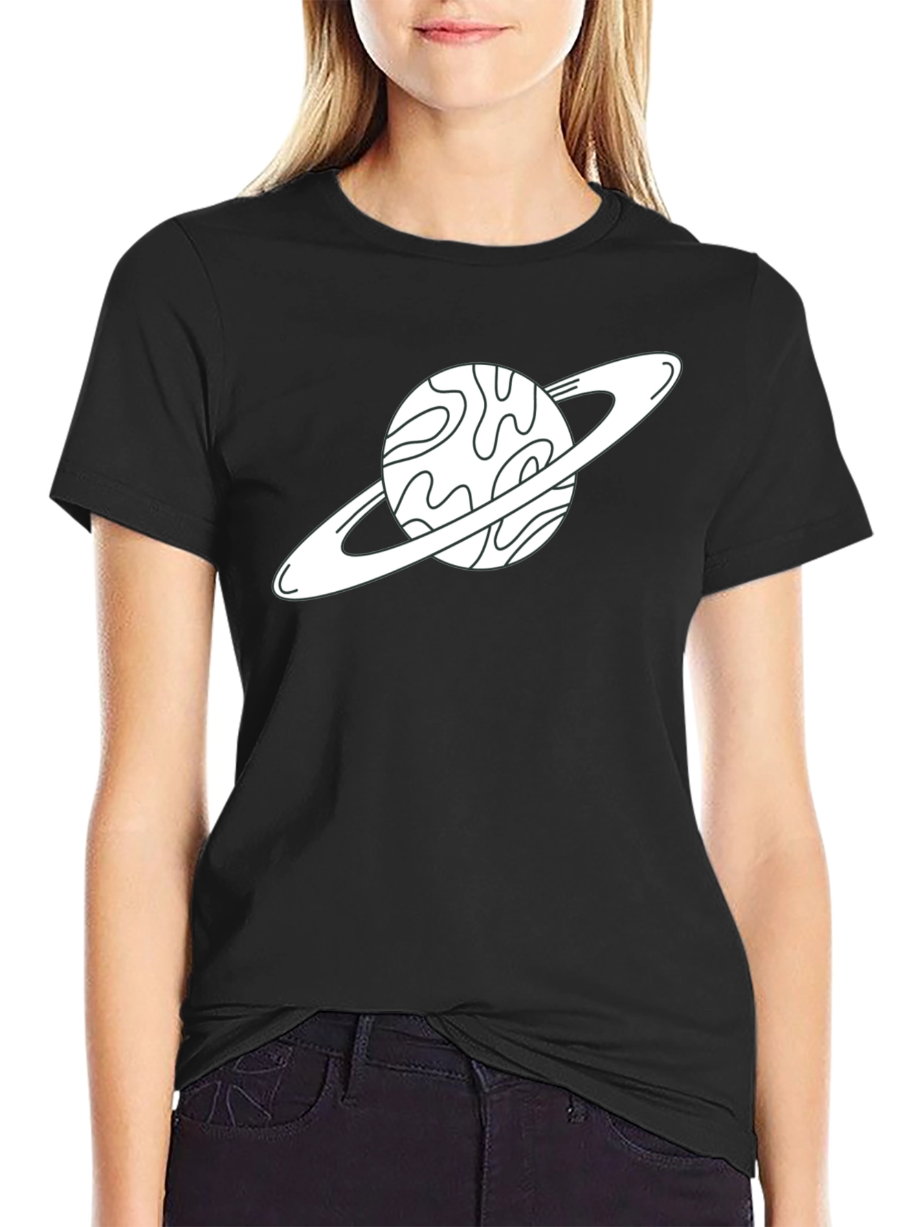 Saturn Graphic Tee - Space Lovers Black Cotton T-Shirt