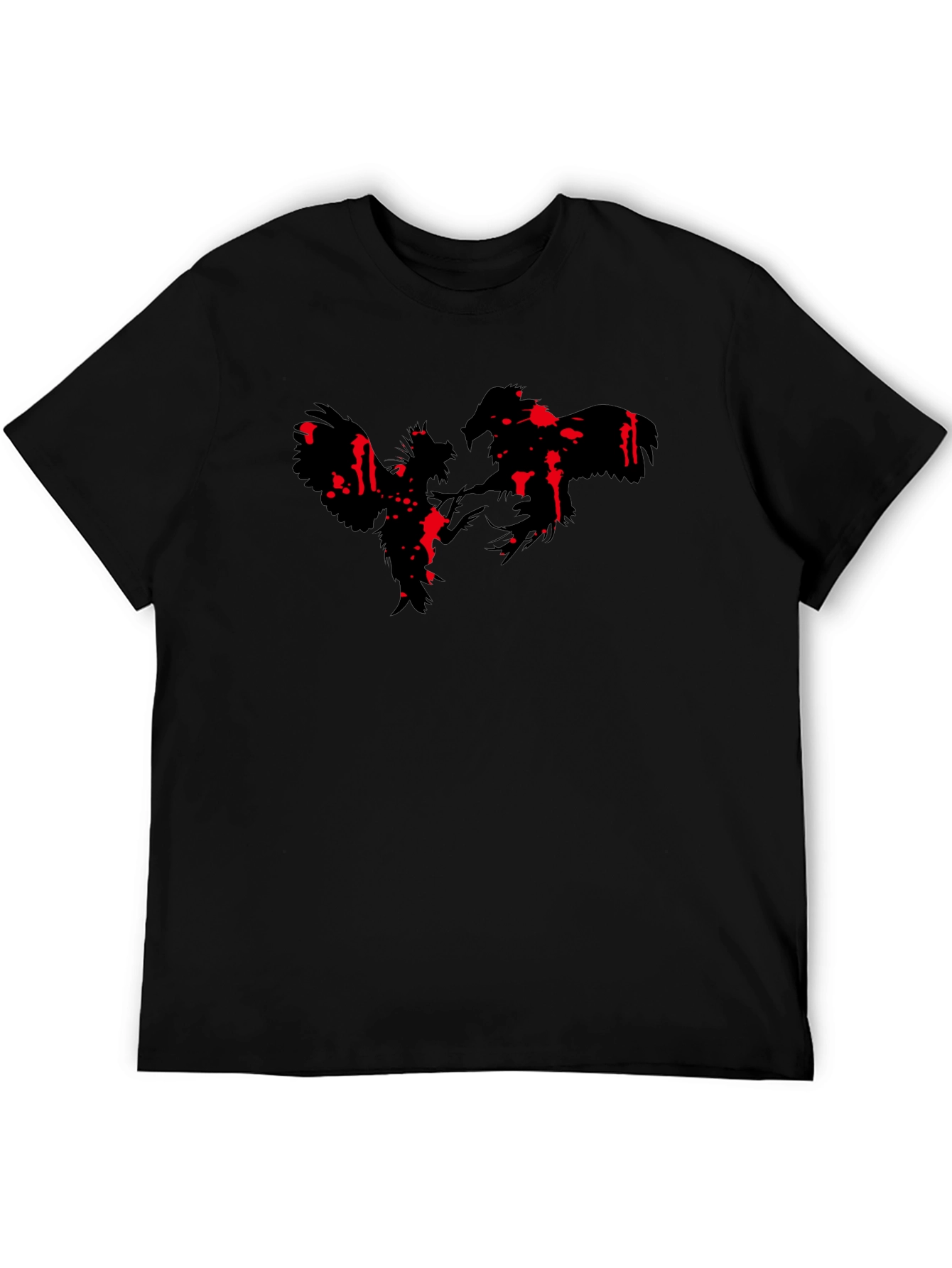 Rooster Fight Graphic Print Black T-Shirt