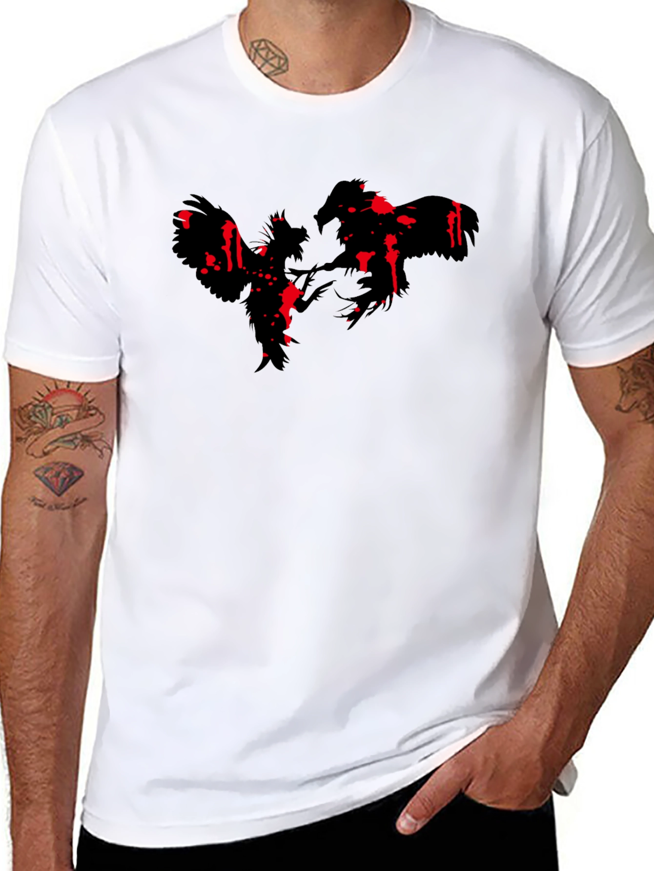 Rooster Fight Graphic Print Black T-Shirt