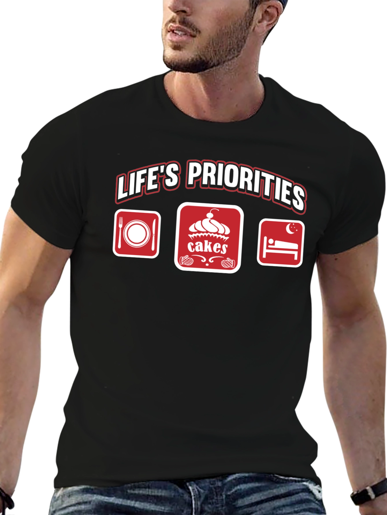 Lifes Priorities T-Shirt - Food Cakes Sleep