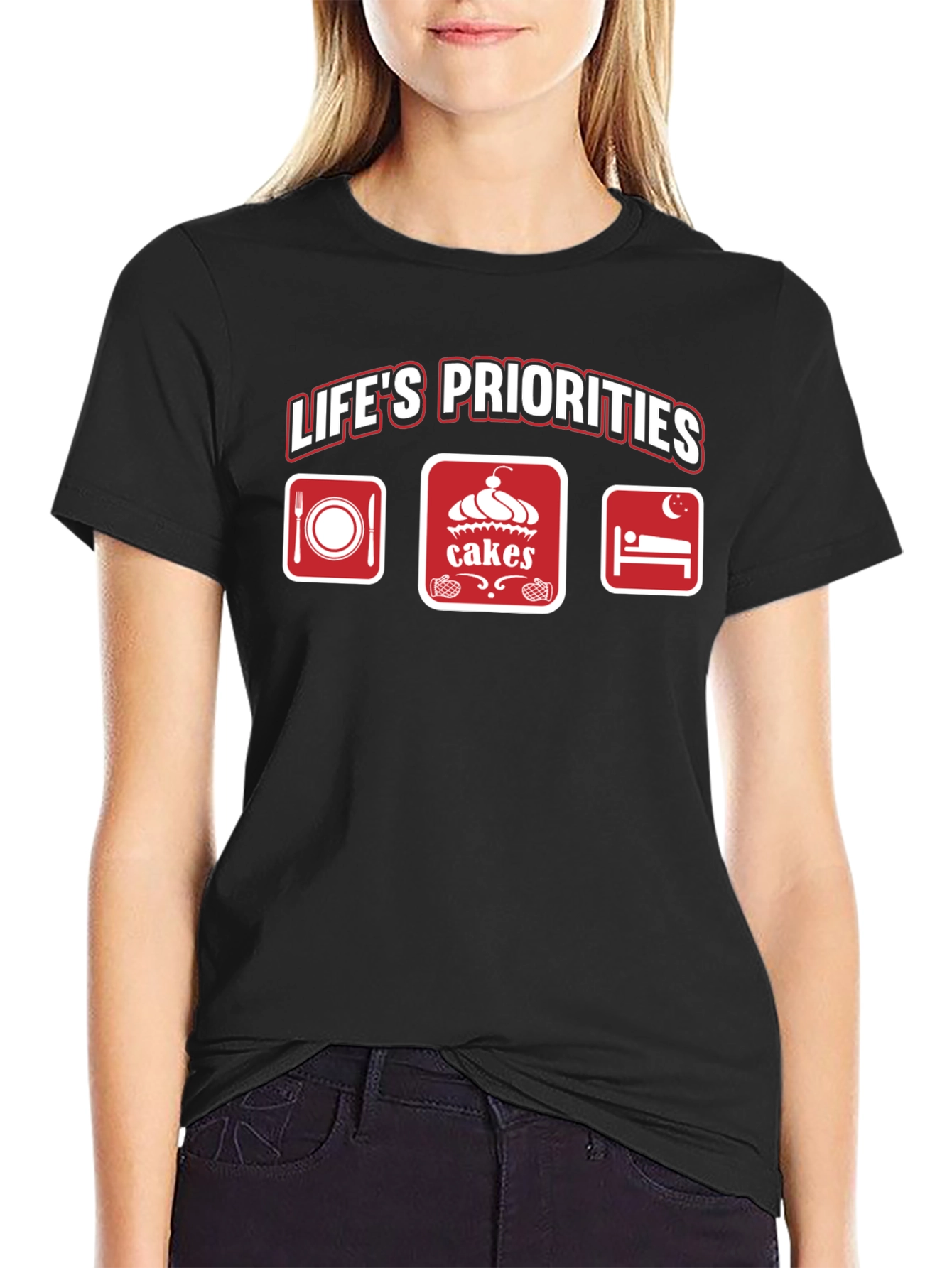 Lifes Priorities T-Shirt - Food Cakes Sleep