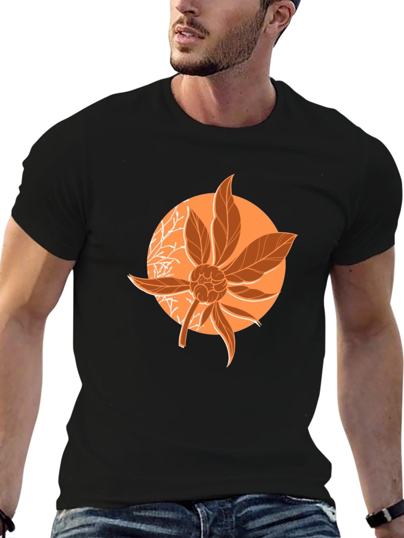 Orange Floral Graphic Print Black T-Shirt