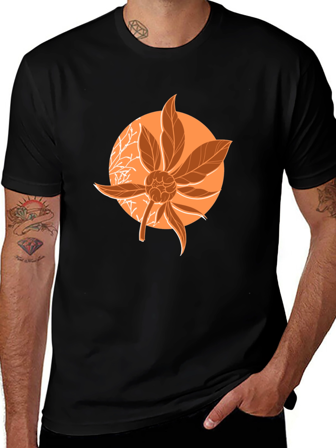 Orange Floral Graphic Print Black T-Shirt