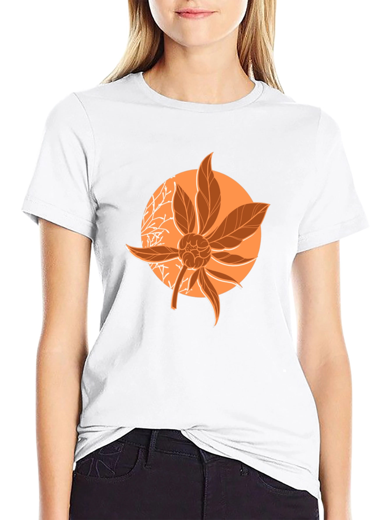 Orange Floral Graphic Print Black T-Shirt